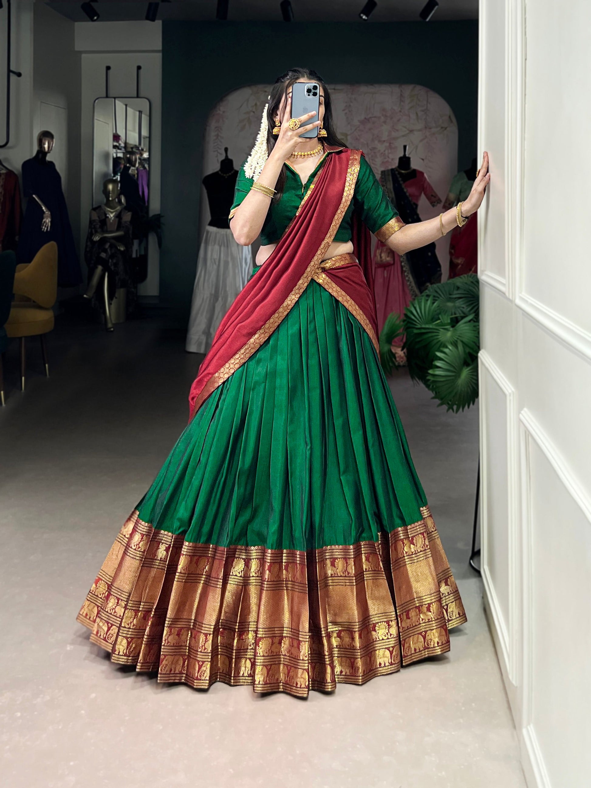 Lorenvalley Fashion Green Narayan Pet Silk Zari Weaving Work Lehenga Choli with Dupatta | Swadesiicart