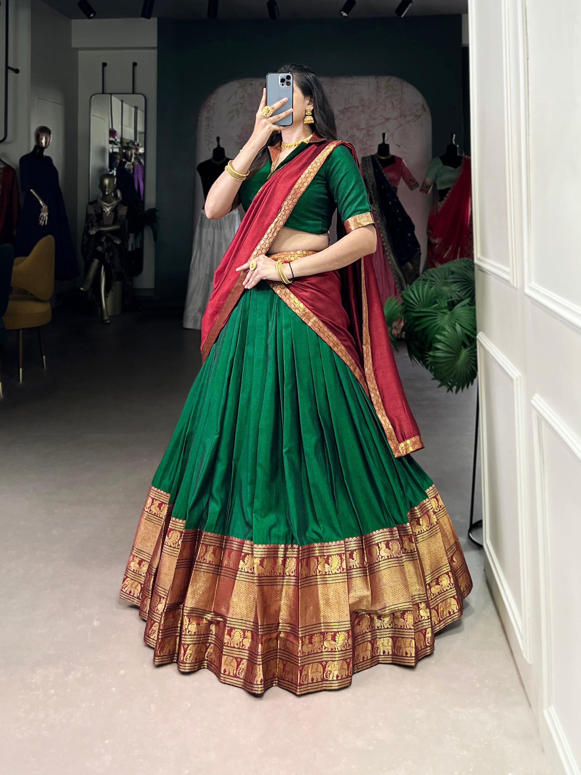 Lorenvalley Fashion Green Narayan Pet Silk Zari Weaving Work Lehenga Choli with Dupatta | Swadesiicart