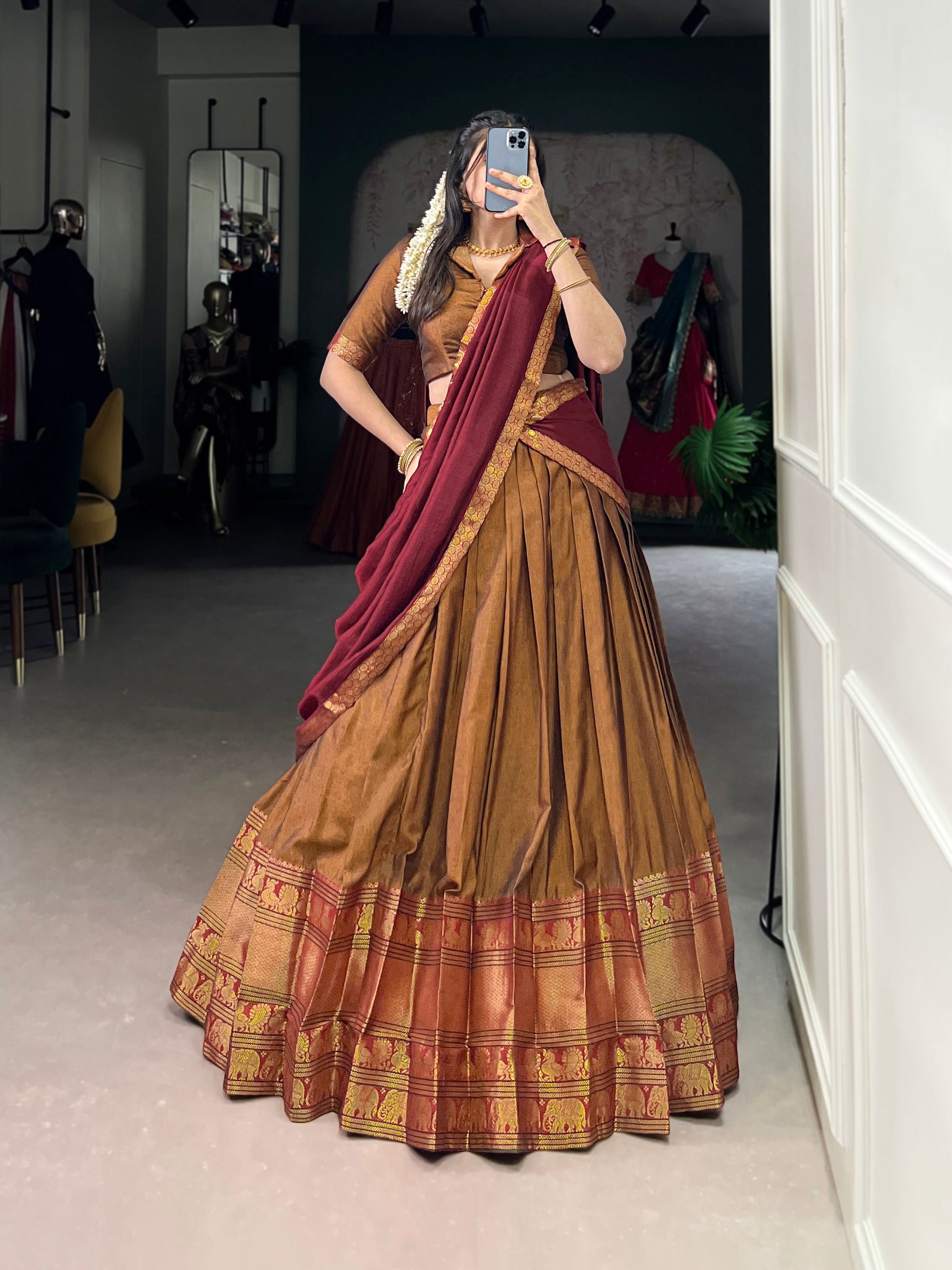 Lorenvalley Fashion Mustard Narayan Pet Silk Zari Weaving Work Lehenga Choli with Dupatta - Swadesiicart