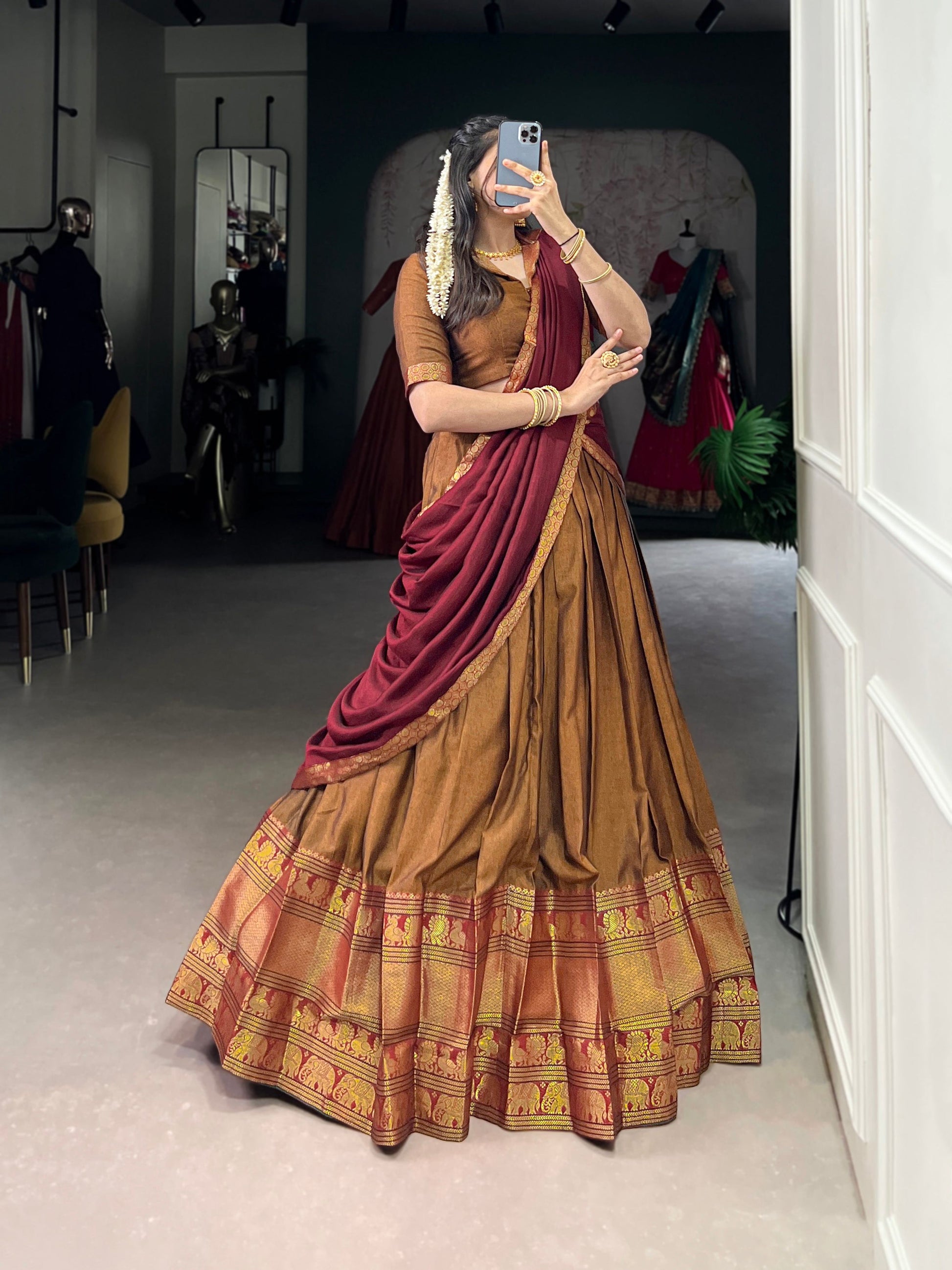 Lorenvalley Fashion Mustard Narayan Pet Silk Zari Weaving Work Lehenga Choli with Dupatta - Swadesiicart