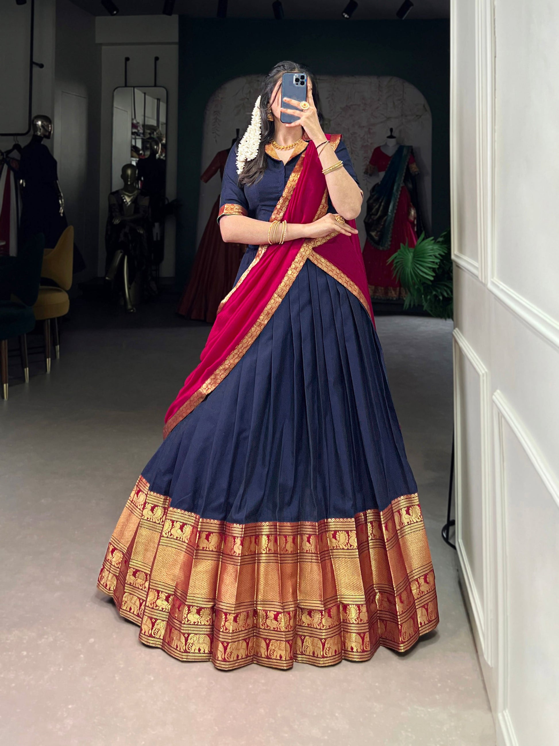 Lorenvalley Fashion Navyblue Narayan Pet Silk Zari Weaving Work Lehenga Choli with Dupatta | Swadesiicart