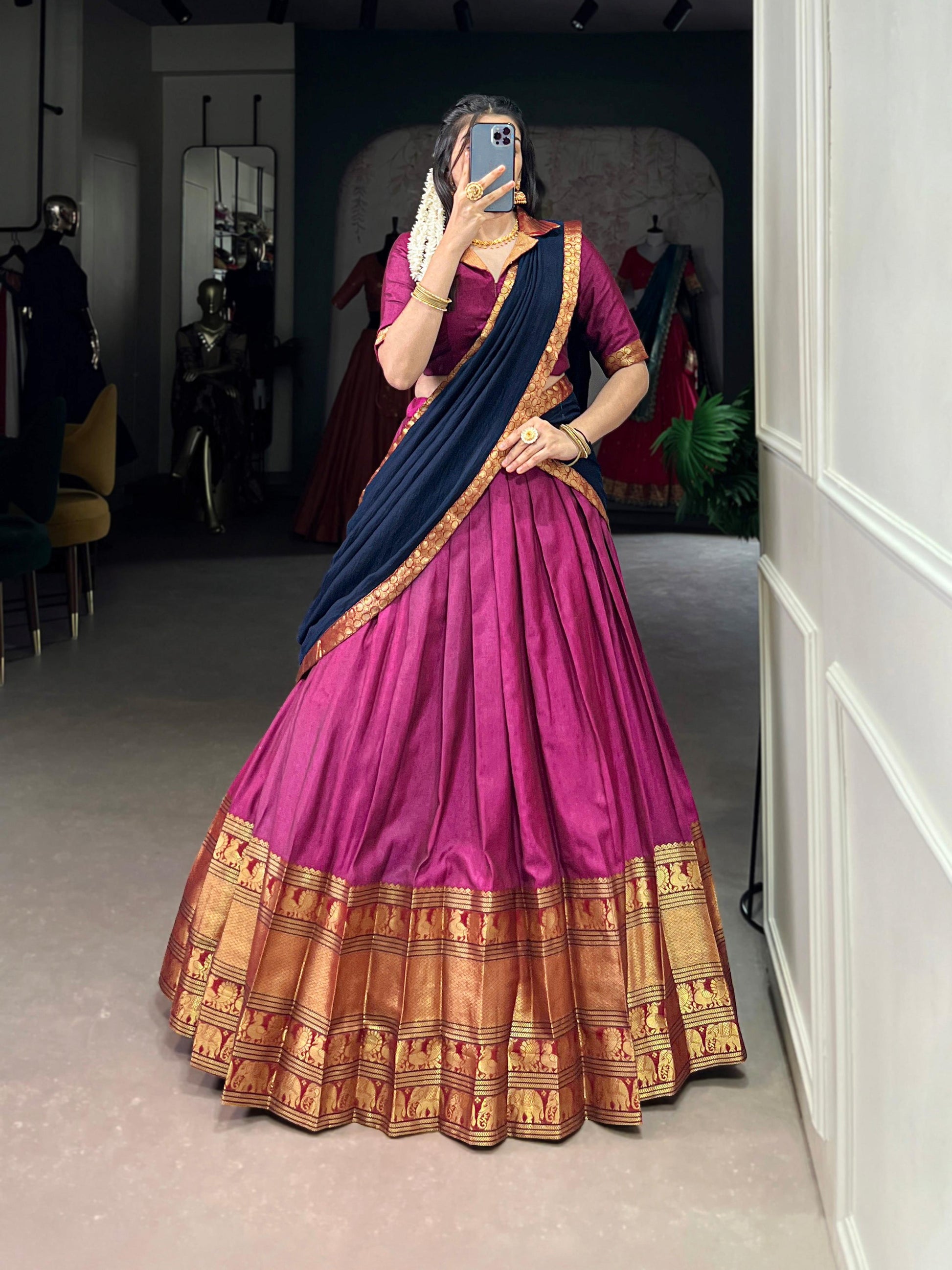 Lorenvalley Fashion Pink Narayan Pet Silk Zari Weaving Work Lehenga Choli with Dupatta - Swadesiicart
