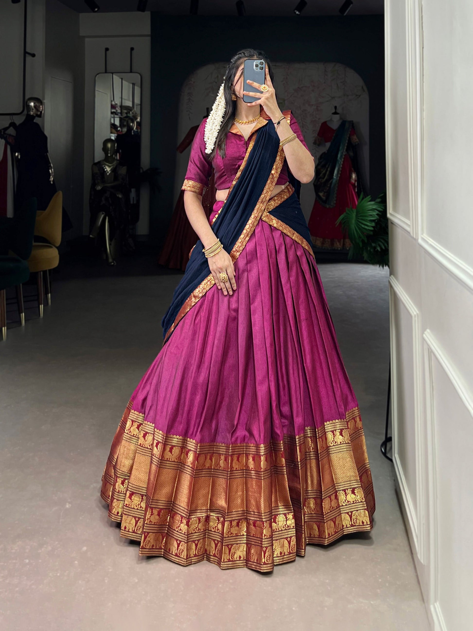 Lorenvalley Fashion Pink Narayan Pet Silk Zari Weaving Work Lehenga Choli with Dupatta - Swadesiicart