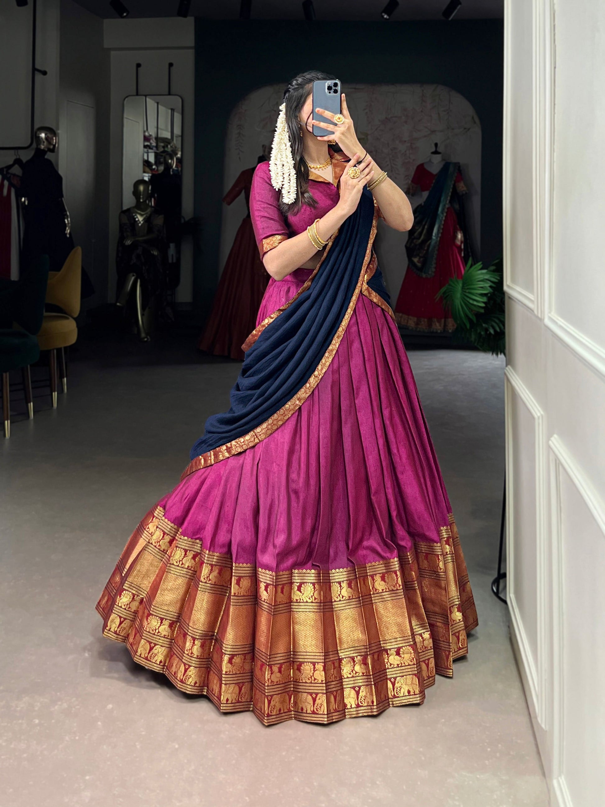Lorenvalley Fashion Pink Narayan Pet Silk Zari Weaving Work Lehenga Choli with Dupatta - Swadesiicart