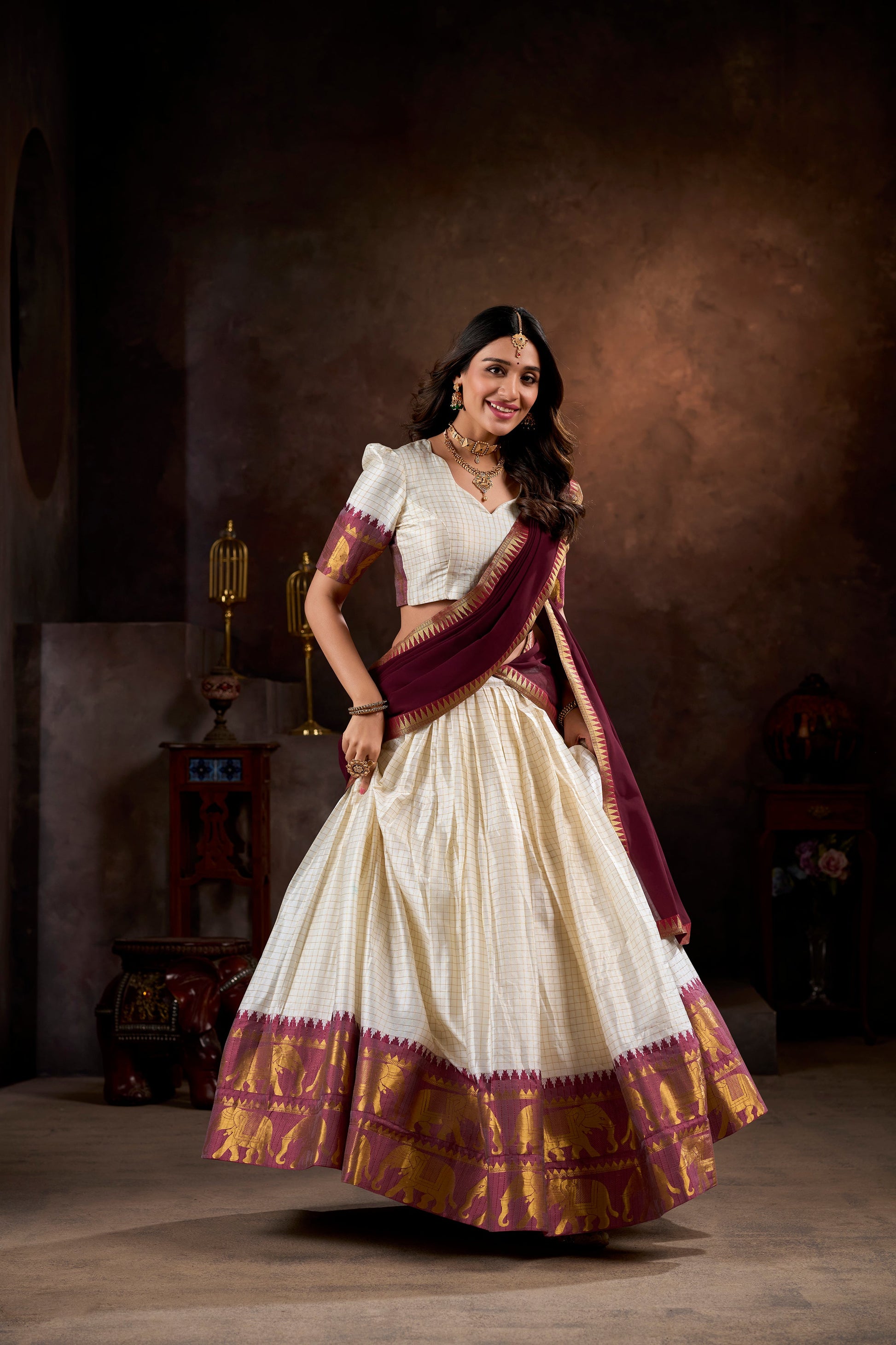 Lorenvalley White Poly Cotton Chex With Zari Weaving Work Lehenga Choli with Dupatta | Swadesiicart