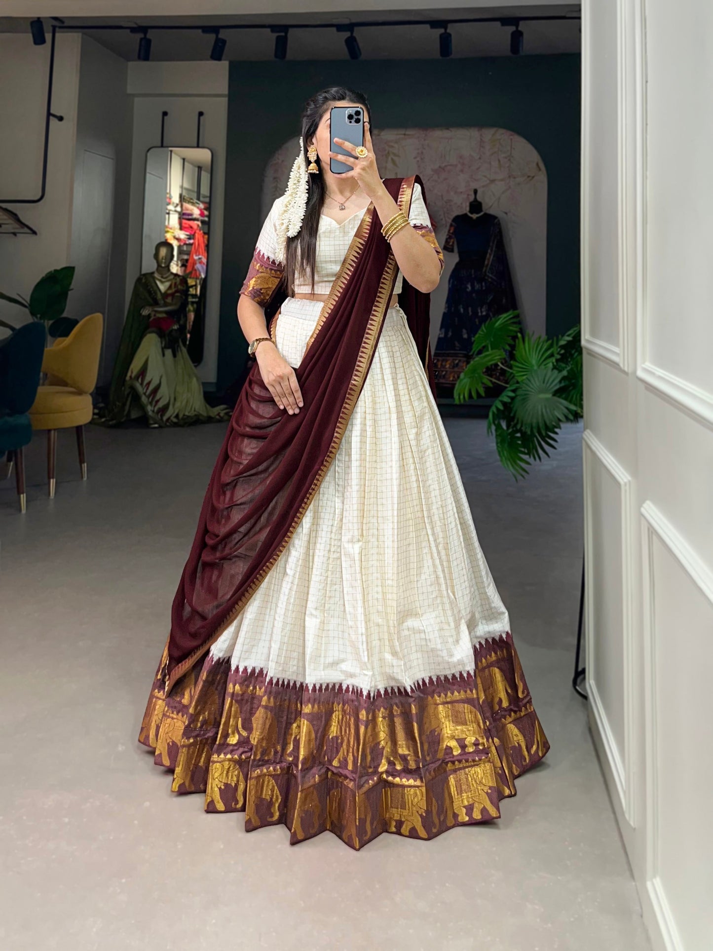 Lorenvalley White Poly Cotton Chex With Zari Weaving Work Lehenga Choli with Dupatta | Swadesiicart