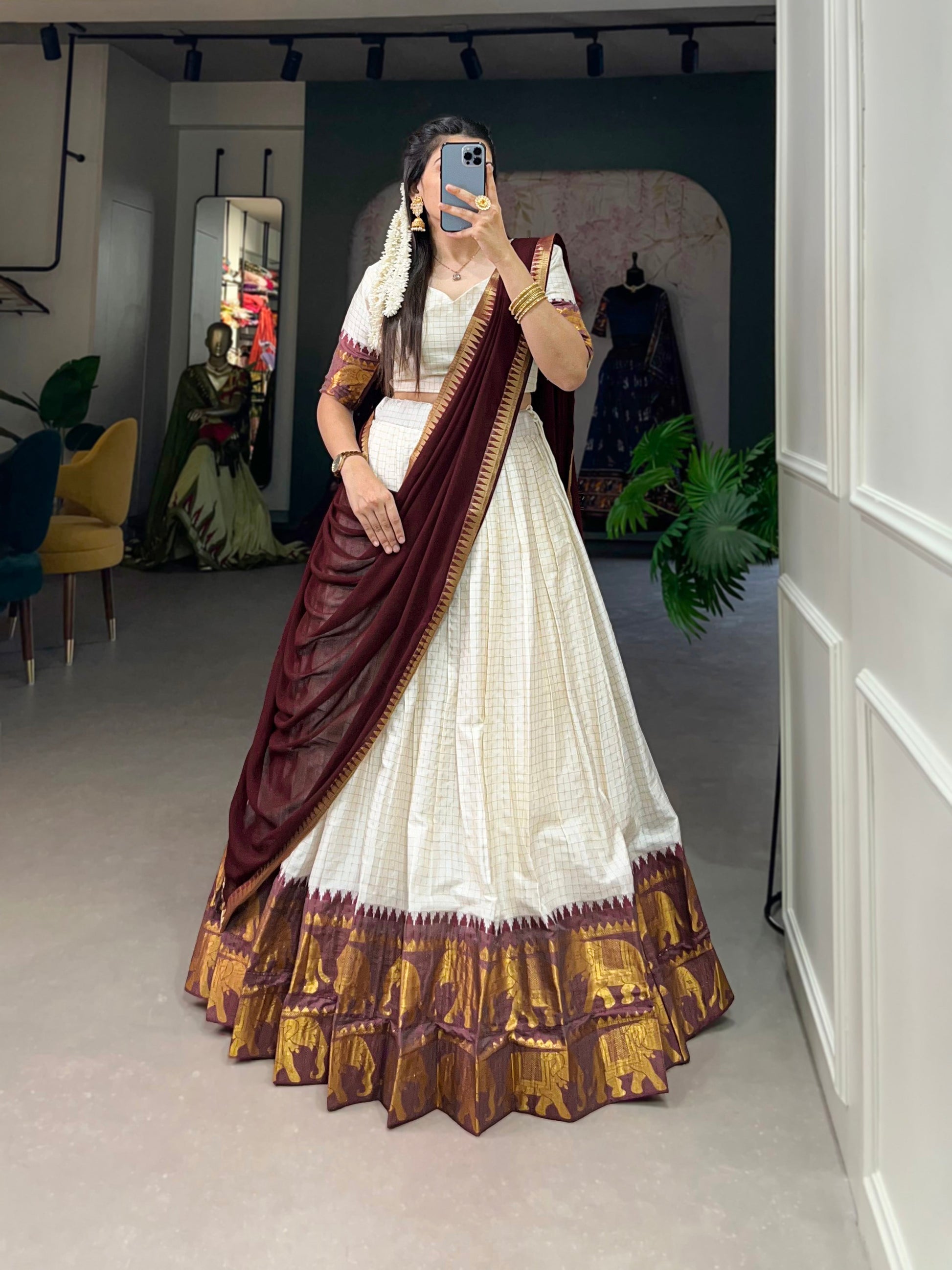 Lorenvalley White Poly Cotton Chex With Zari Weaving Work Lehenga Choli with Dupatta | Swadesiicart