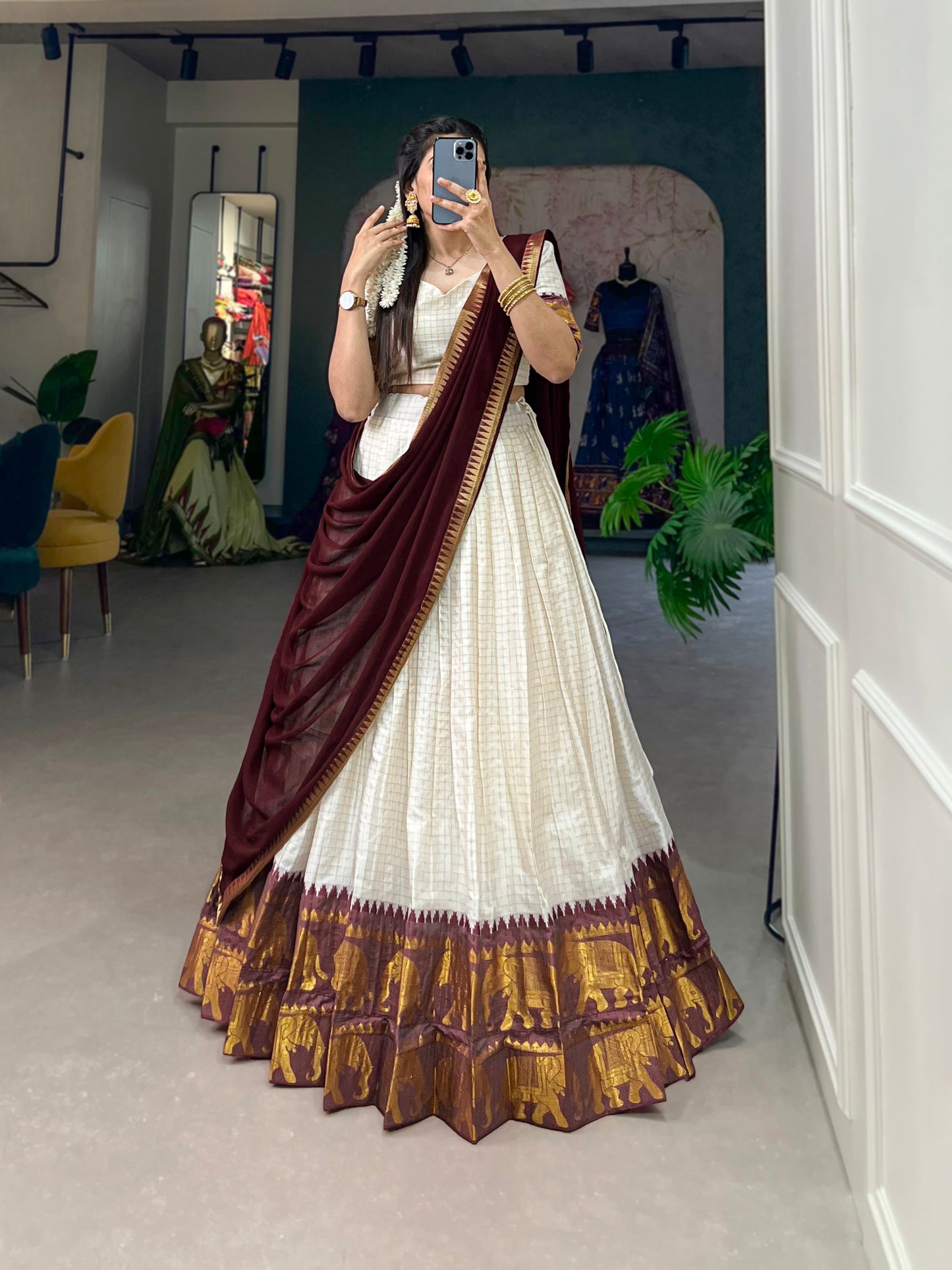 Lorenvalley White Poly Cotton Chex With Zari Weaving Work Lehenga Choli with Dupatta | Swadesiicart