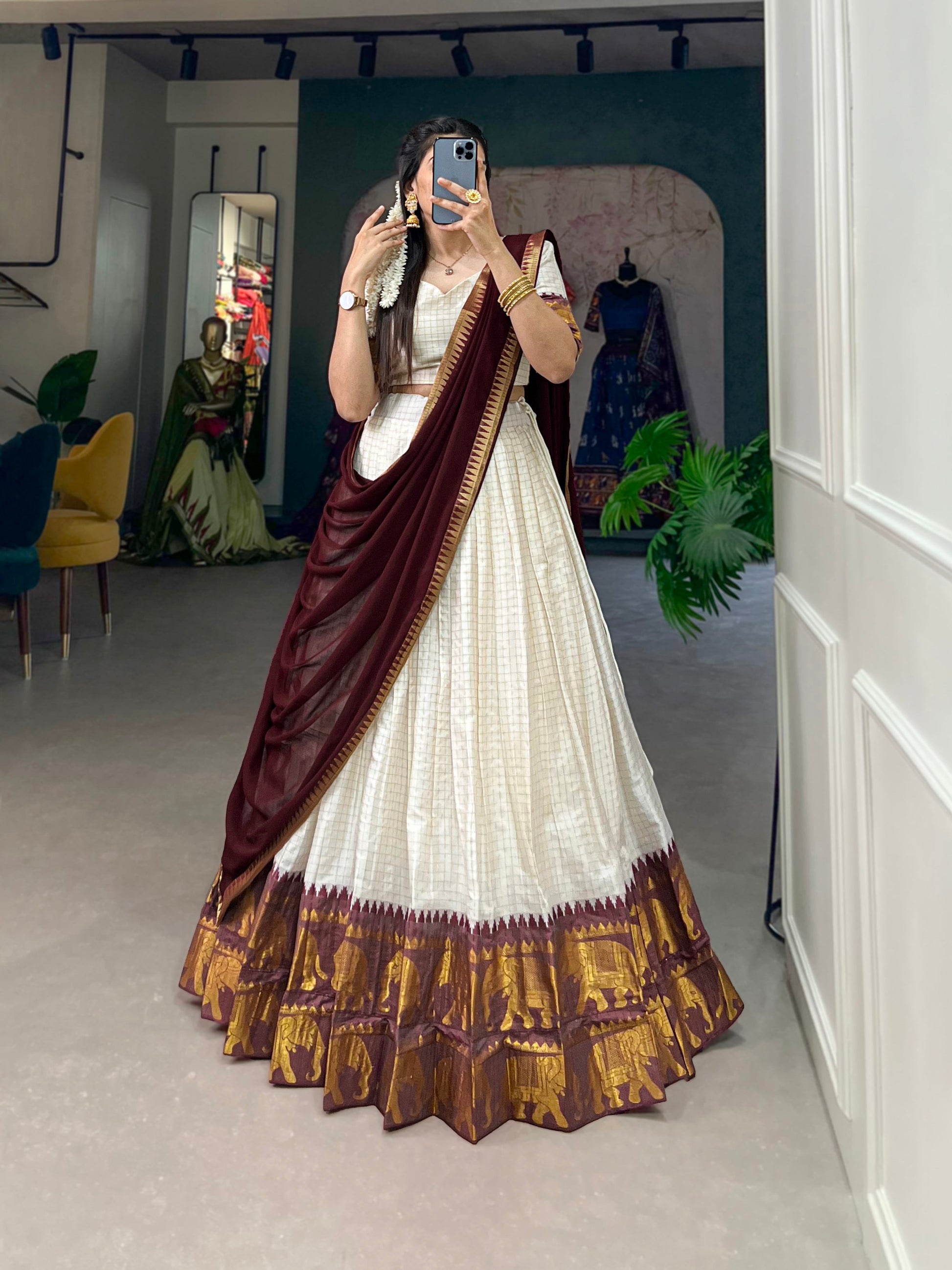 Lorenvalley White Poly Cotton Chex With Zari Weaving Work Lehenga Choli with Dupatta | Swadesiicart