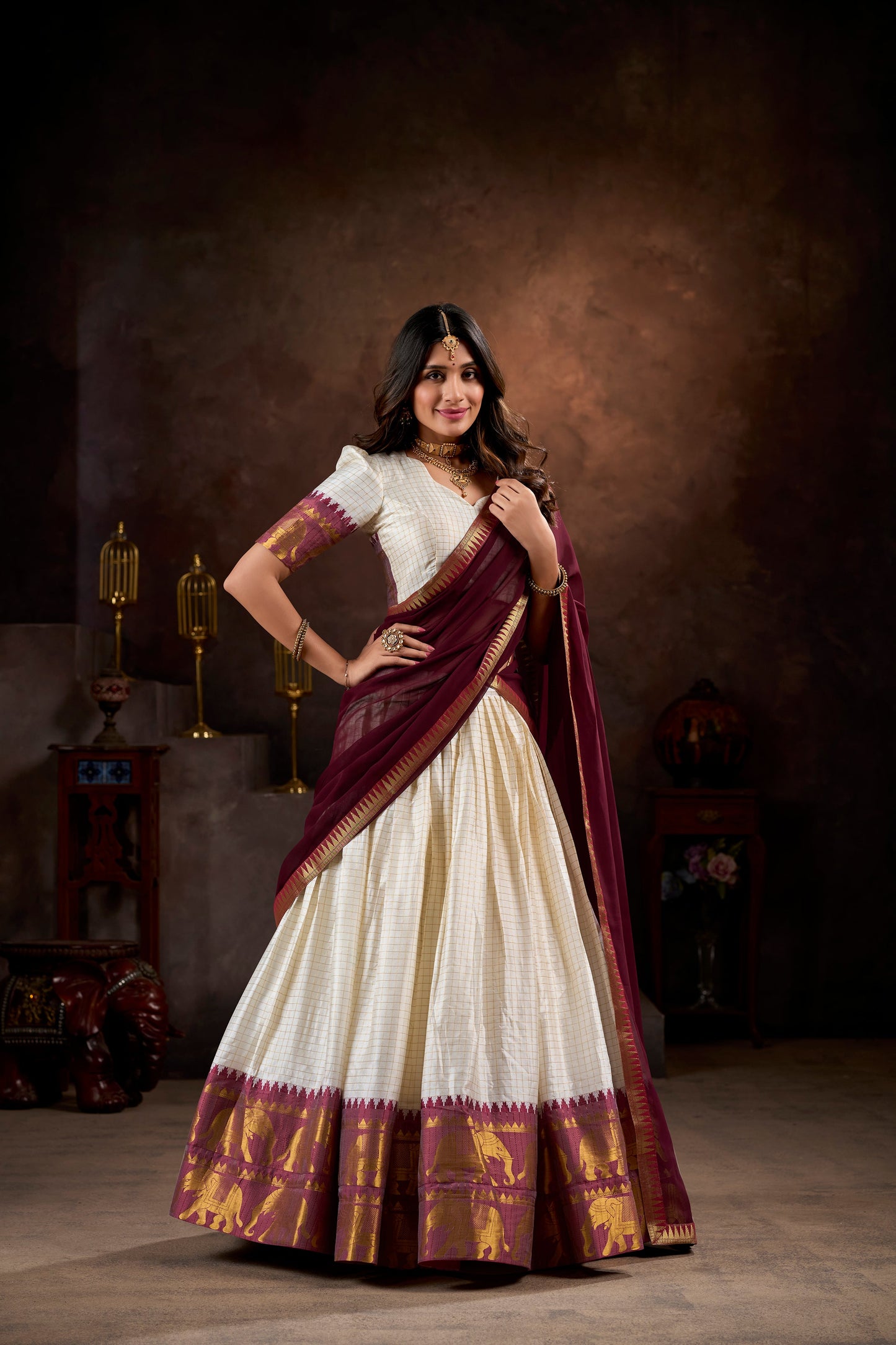 Lorenvalley White Poly Cotton Chex With Zari Weaving Work Lehenga Choli with Dupatta | Swadesiicart