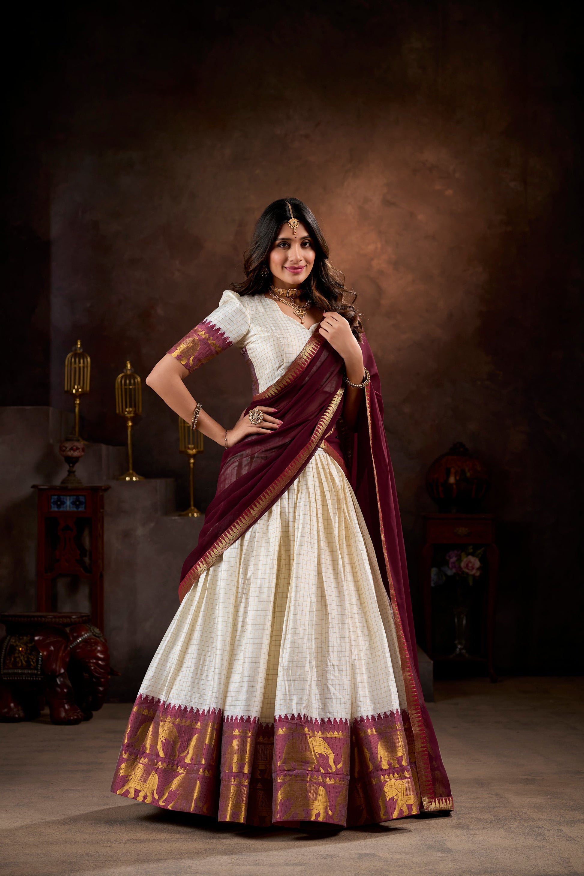 Lorenvalley White Poly Cotton Chex With Zari Weaving Work Lehenga Choli with Dupatta | Swadesiicart