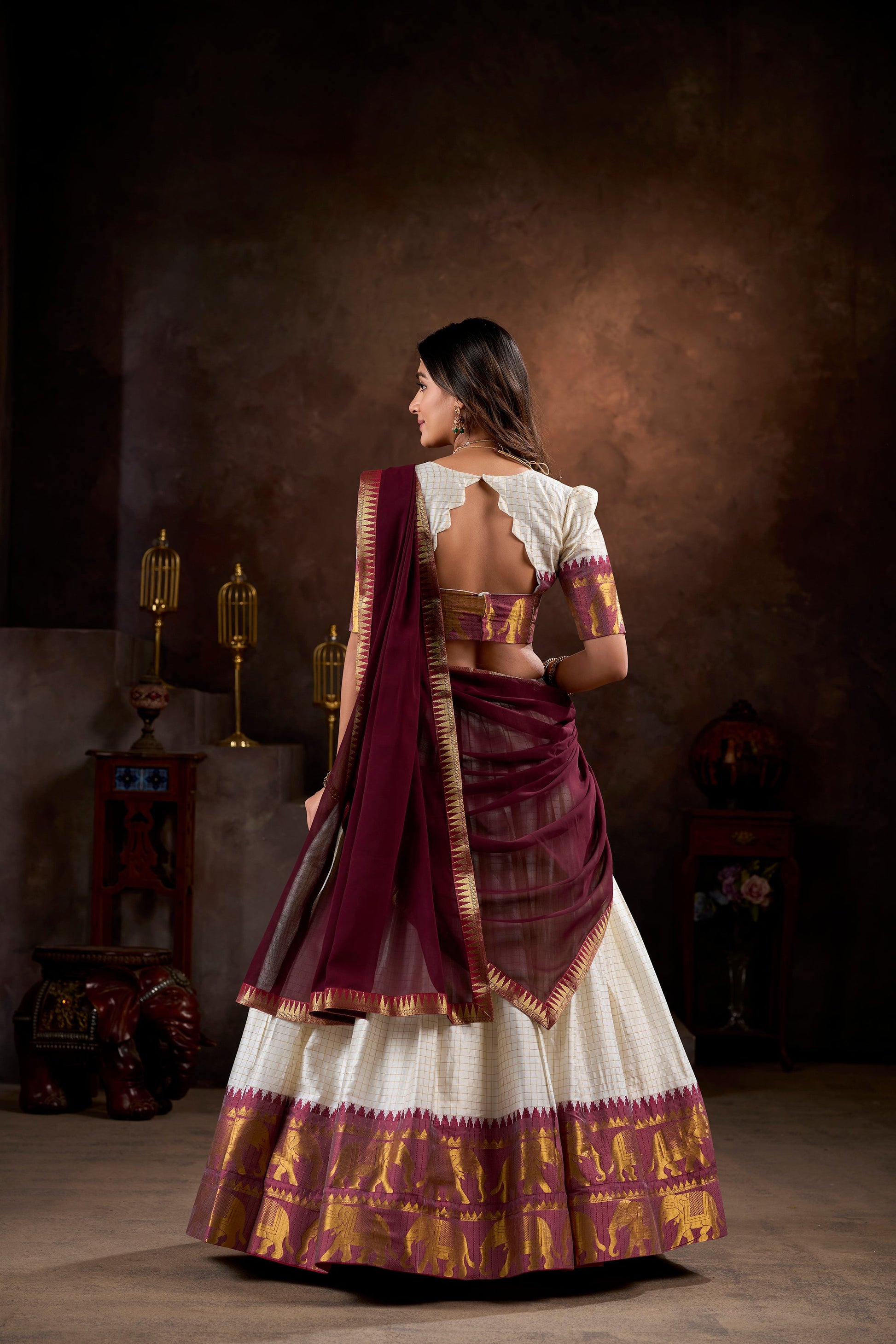 Lorenvalley White Poly Cotton Chex With Zari Weaving Work Lehenga Choli with Dupatta | Swadesiicart