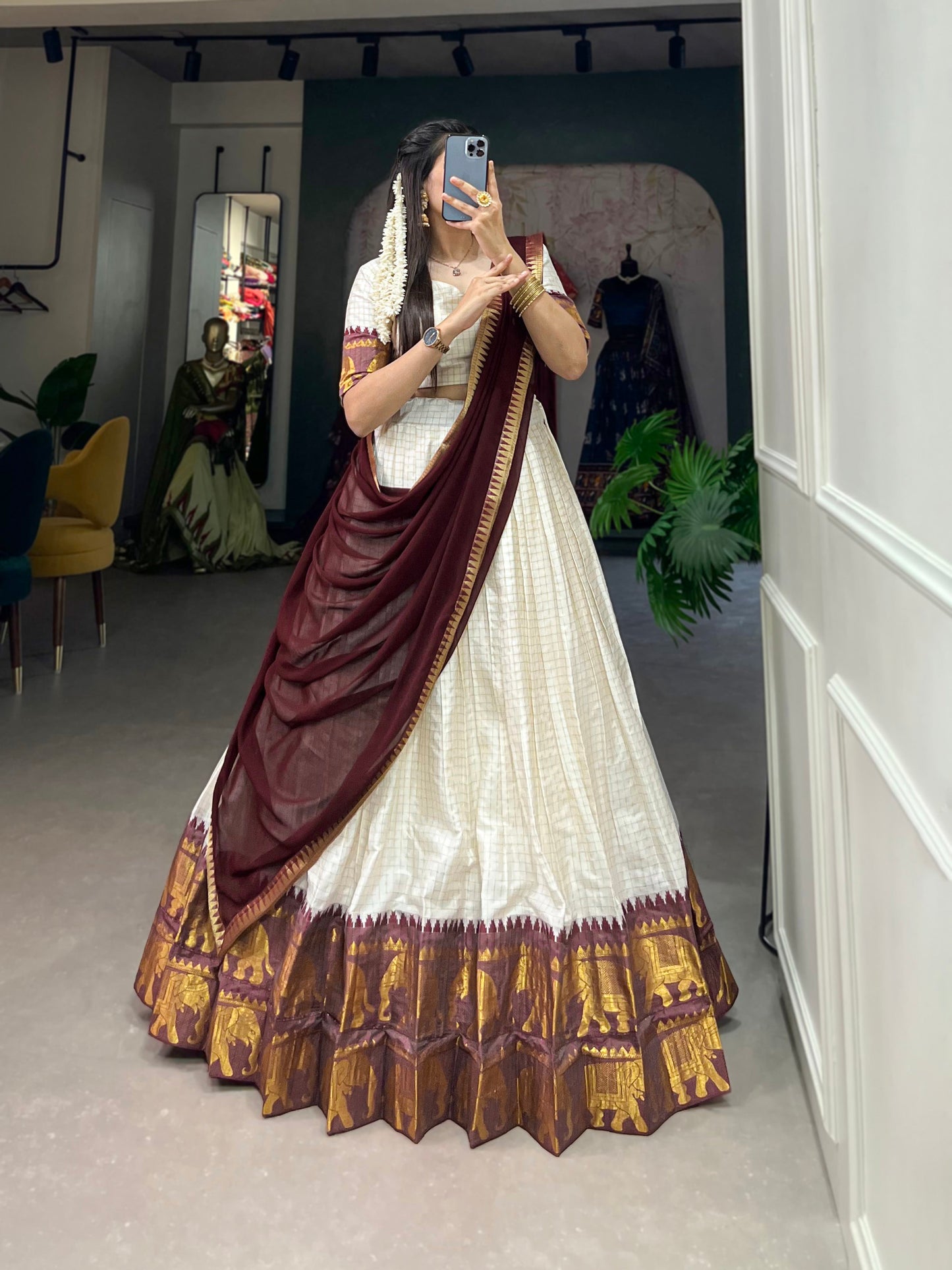 Lorenvalley White Poly Cotton Chex With Zari Weaving Work Lehenga Choli with Dupatta | Swadesiicart