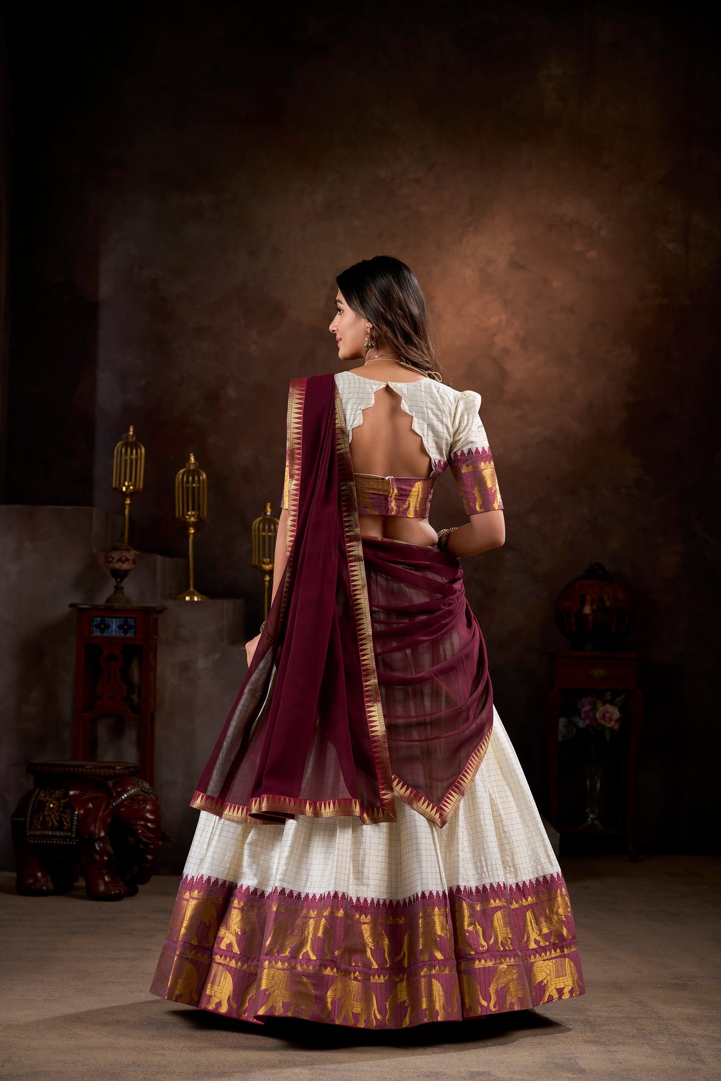 Lorenvalley White Poly Cotton Chex With Zari Weaving Work Lehenga Choli with Dupatta | Swadesiicart
