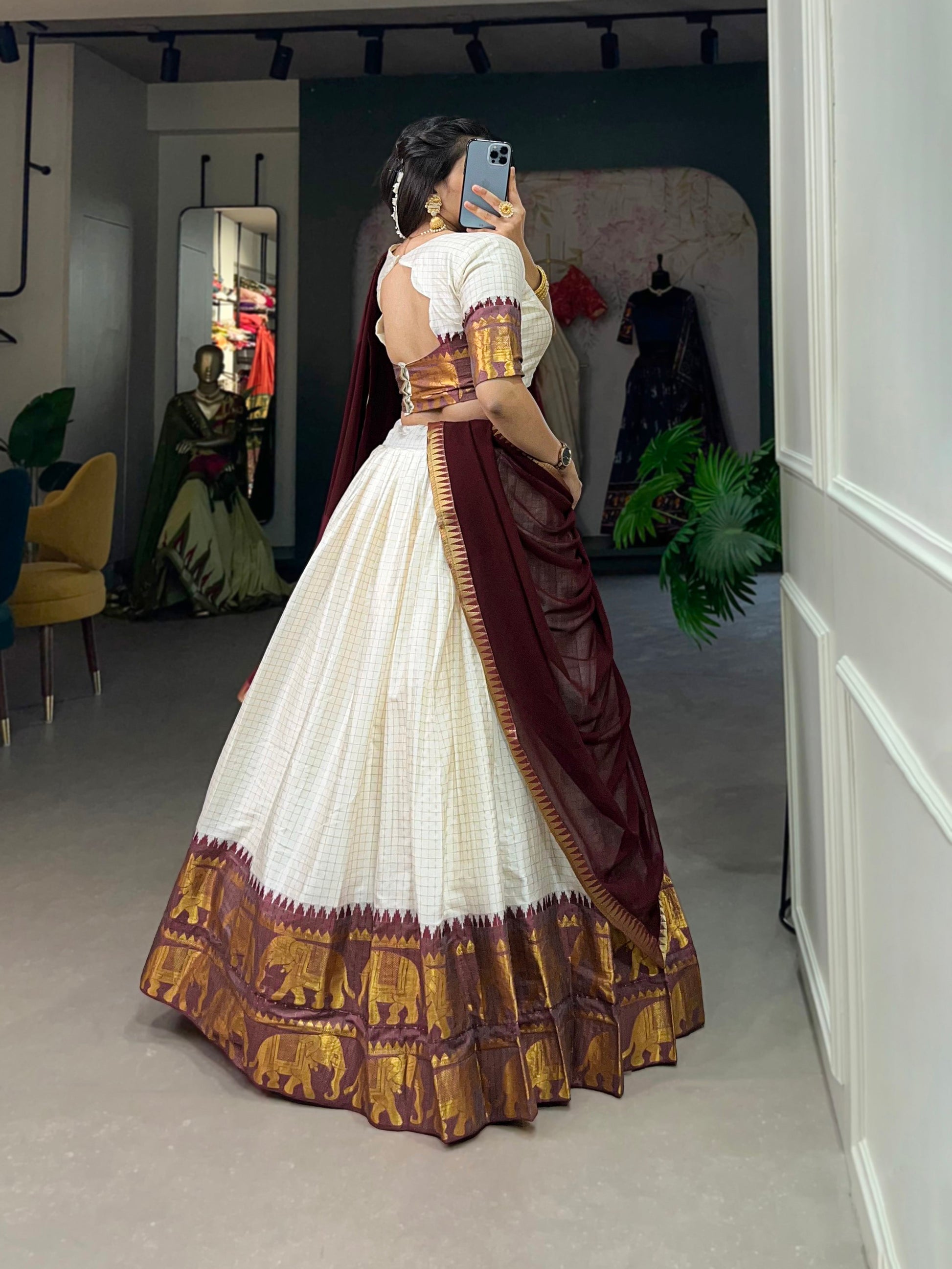 Lorenvalley White Poly Cotton Chex With Zari Weaving Work Lehenga Choli with Dupatta | Swadesiicart