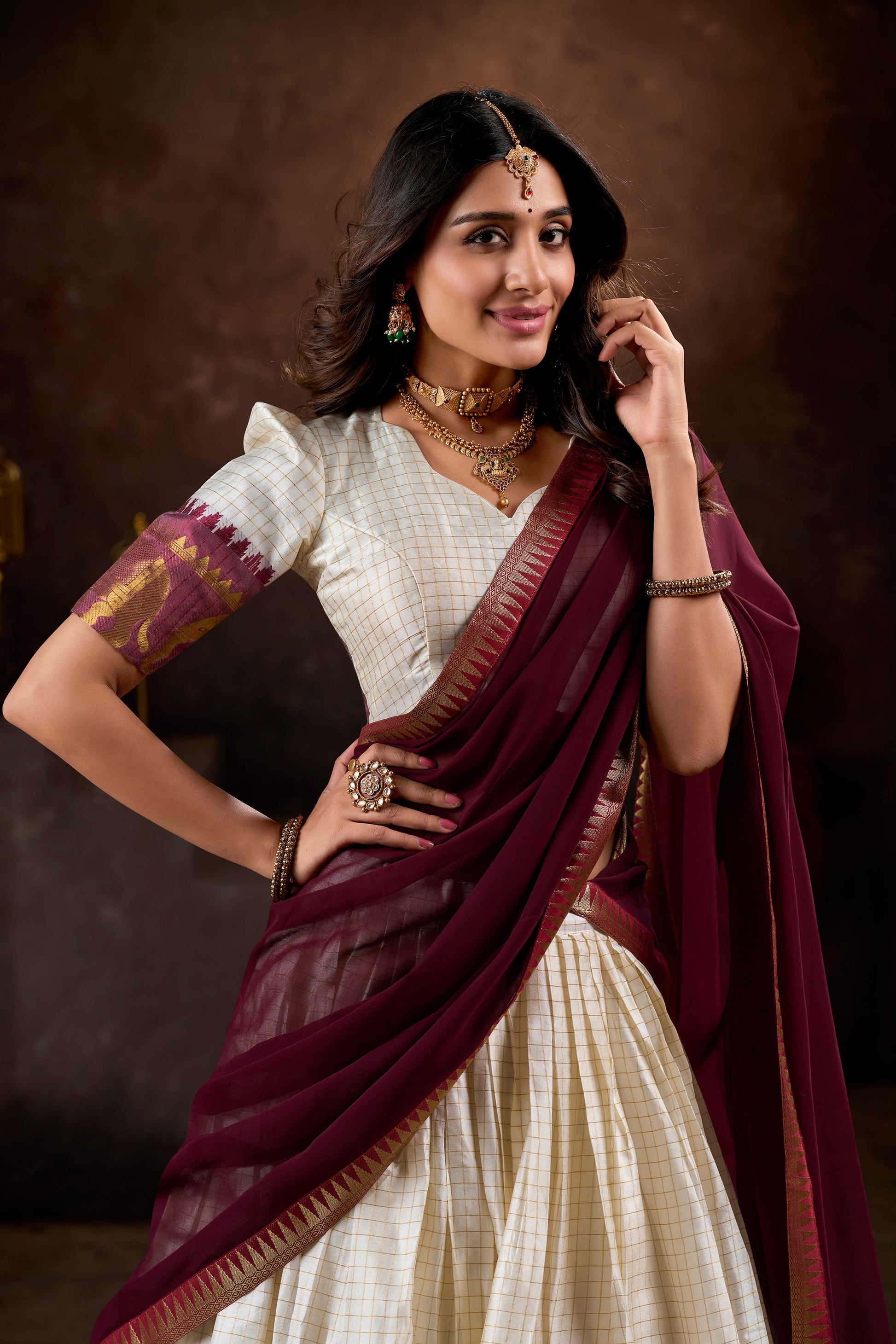 Lorenvalley White Poly Cotton Chex With Zari Weaving Work Lehenga Choli with Dupatta | Swadesiicart