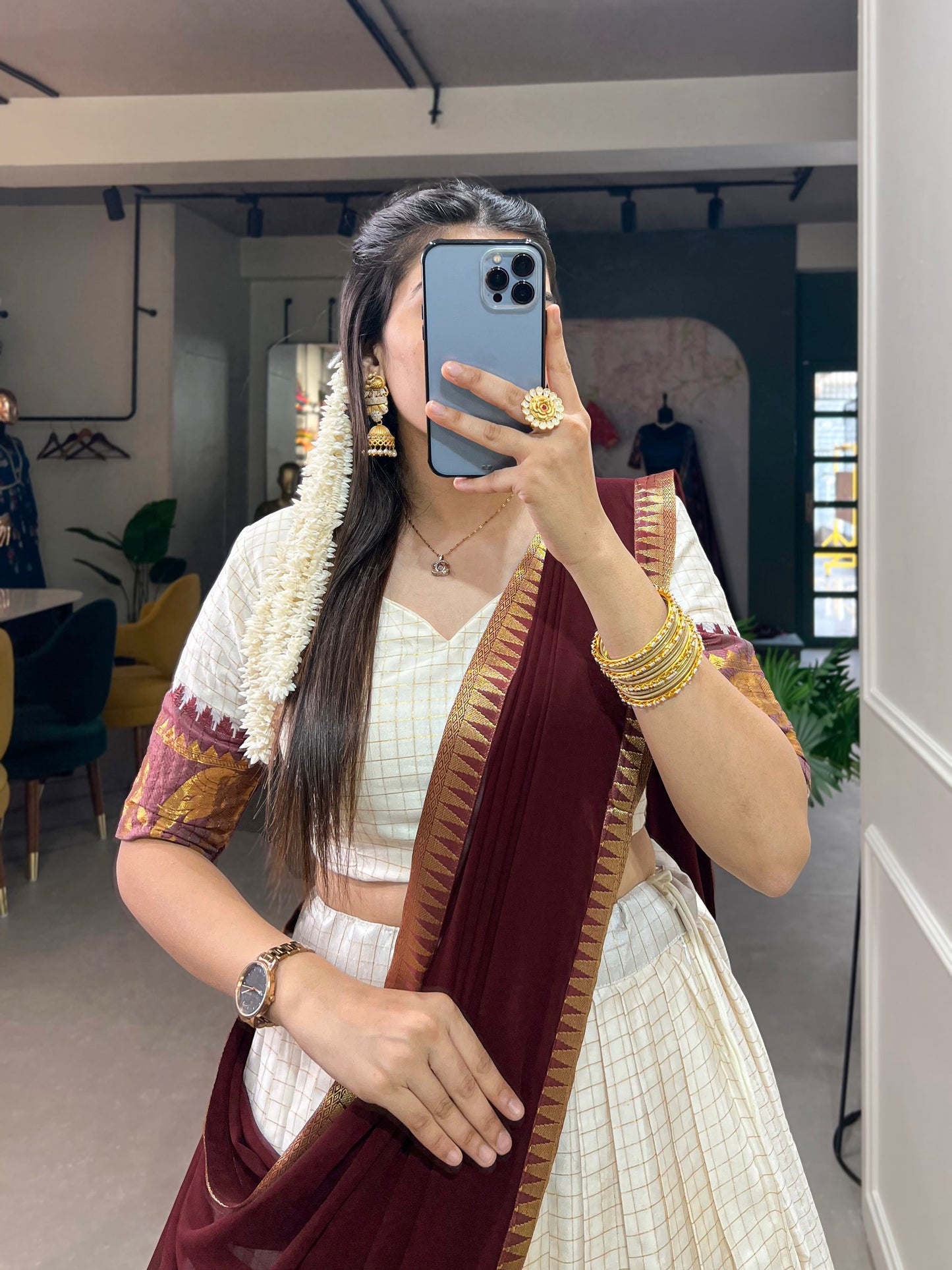 Lorenvalley White Poly Cotton Chex With Zari Weaving Work Lehenga Choli with Dupatta | Swadesiicart