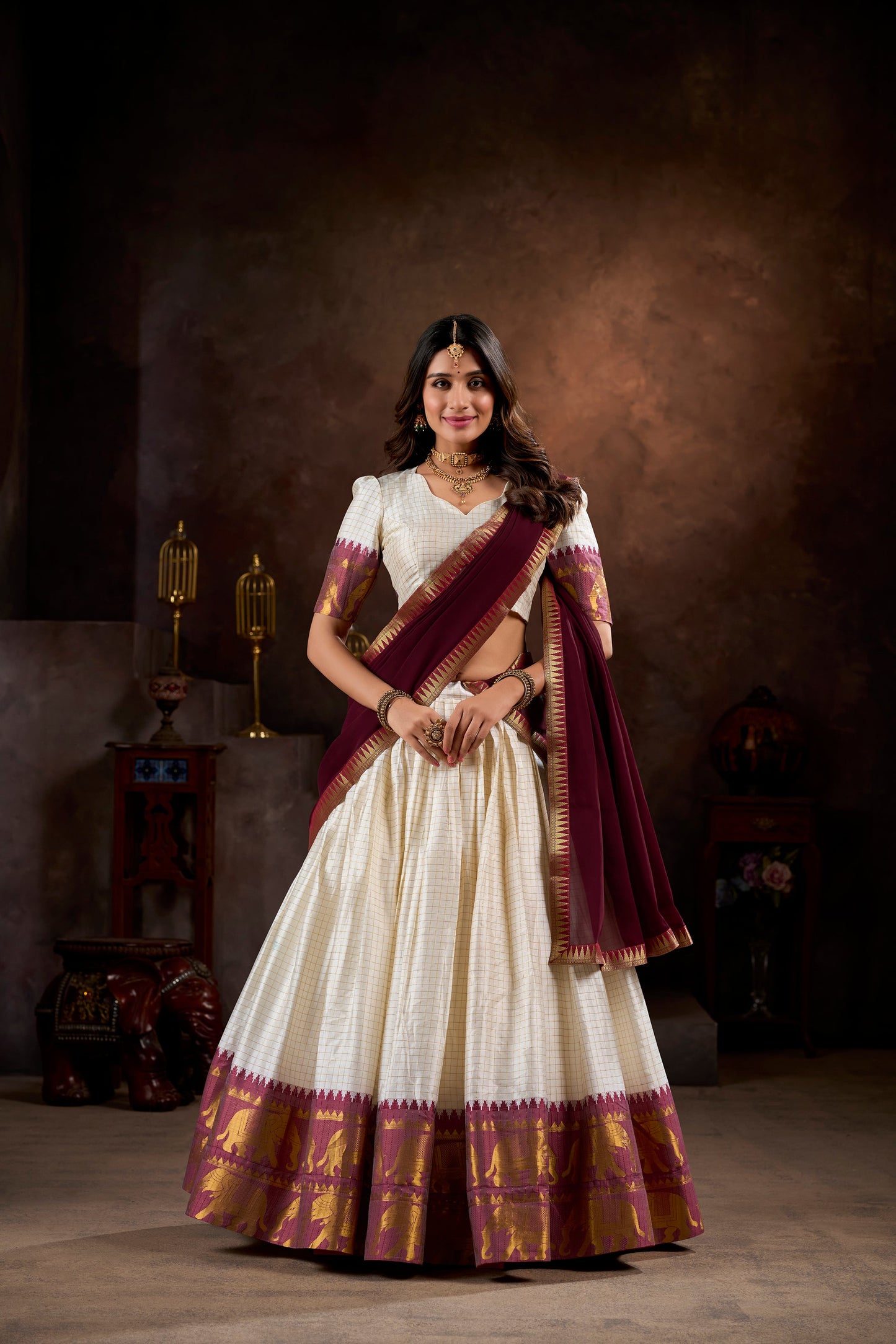 Lorenvalley White Poly Cotton Chex With Zari Weaving Work Lehenga Choli with Dupatta | Swadesiicart