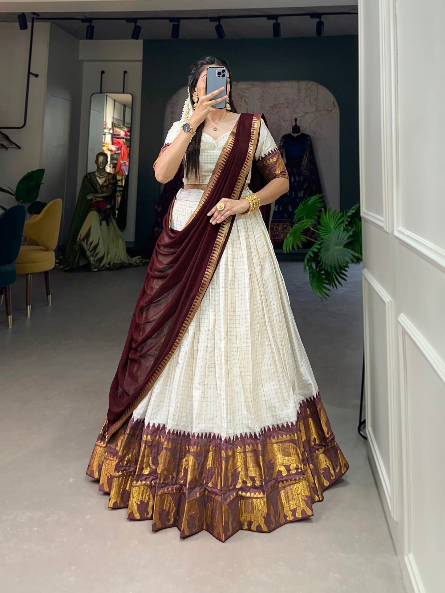 Lorenvalley White Poly Cotton Chex With Zari Weaving Work Lehenga Choli with Dupatta | Swadesiicart