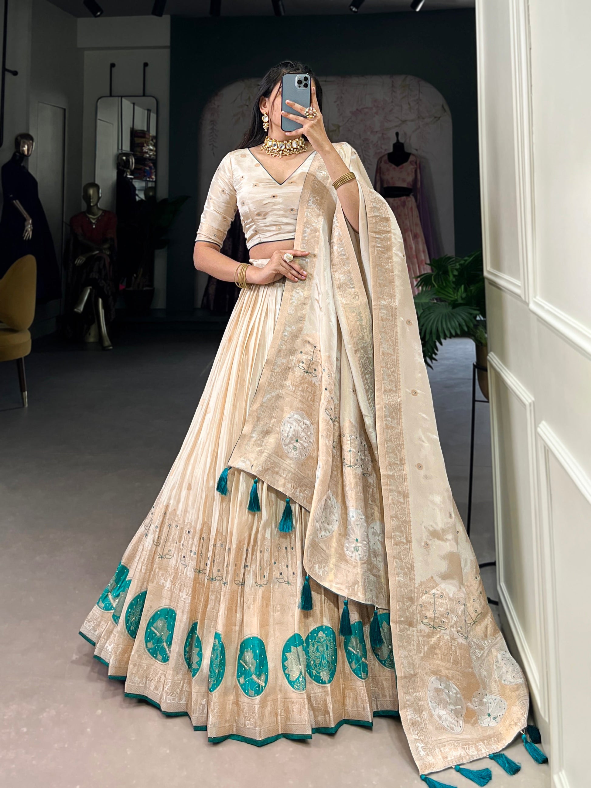 Lorenvalley Off White Pure Shimmer With Weaving Work with Mirror And Beads (Moti) Hand Work Lehenga Choli | Swadesiicart
