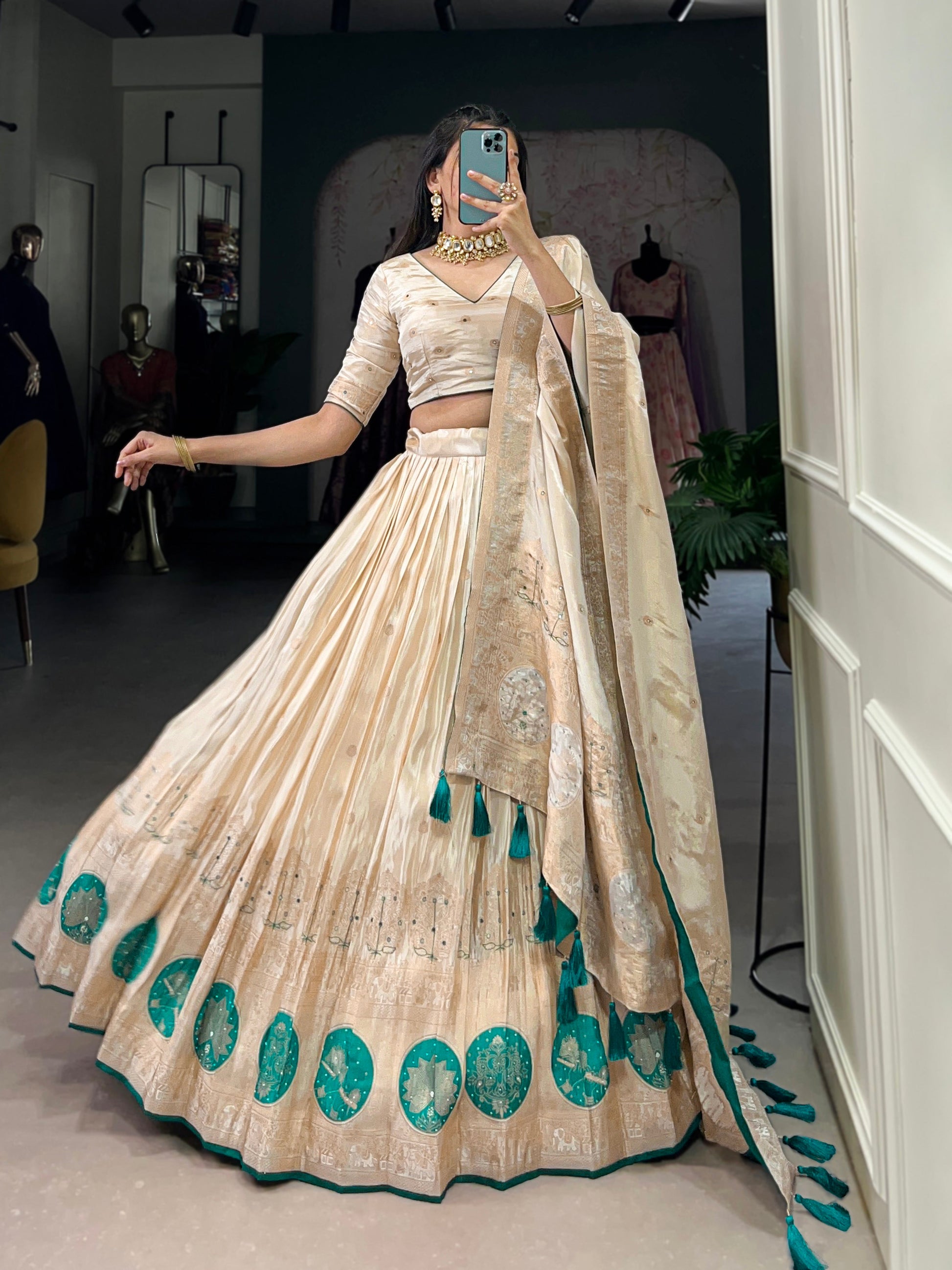 Lorenvalley Off White Pure Shimmer With Weaving Work with Mirror And Beads (Moti) Hand Work Lehenga Choli | Swadesiicart