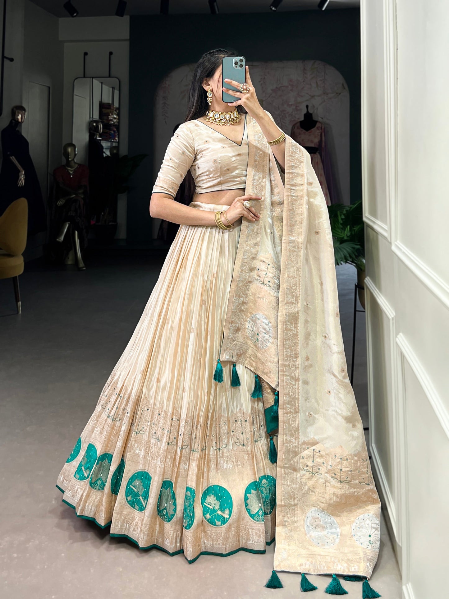 Lorenvalley Off White Pure Shimmer With Weaving Work with Mirror And Beads (Moti) Hand Work Lehenga Choli | Swadesiicart