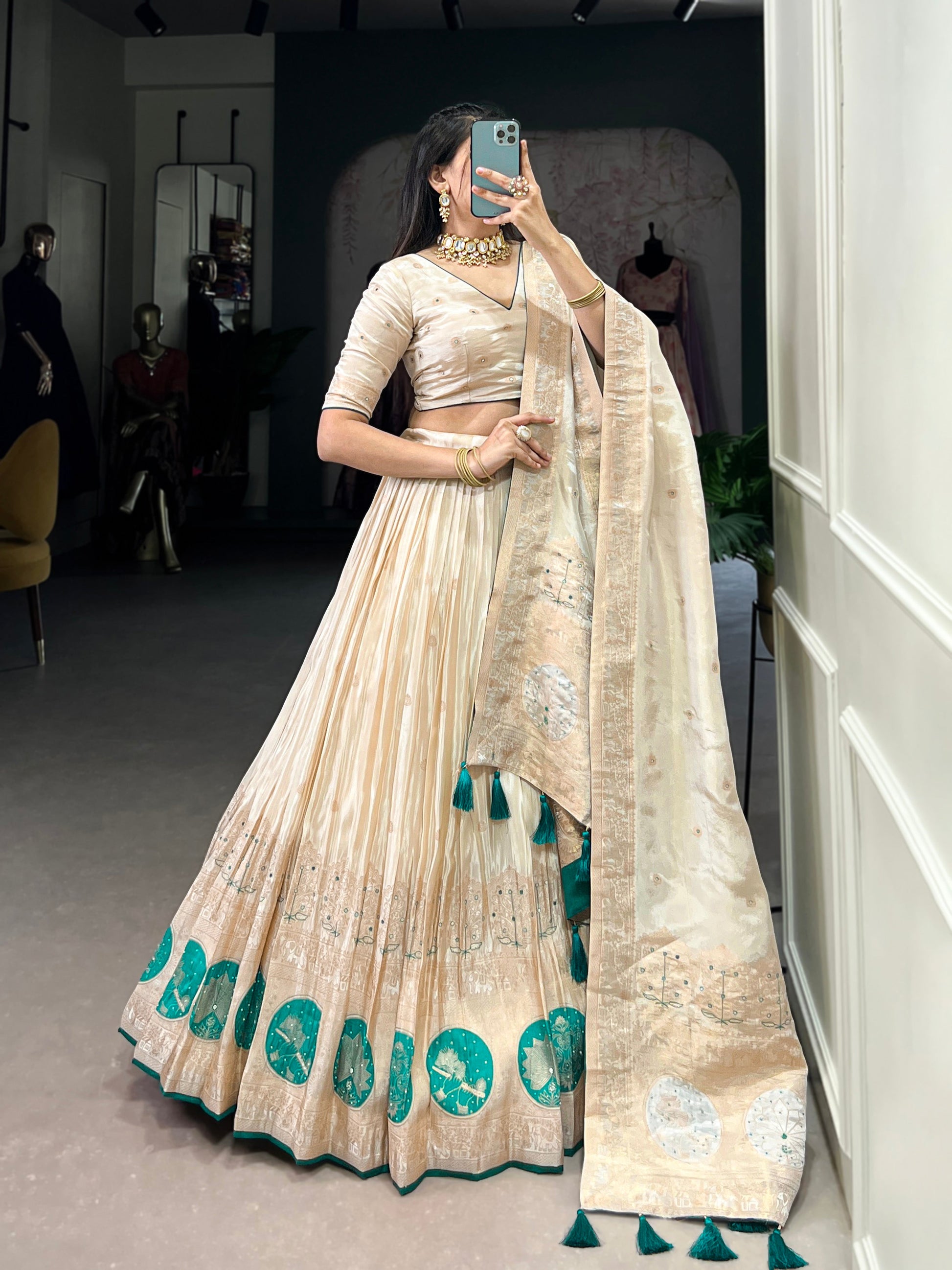 Lorenvalley Off White Pure Shimmer With Weaving Work with Mirror And Beads (Moti) Hand Work Lehenga Choli | Swadesiicart