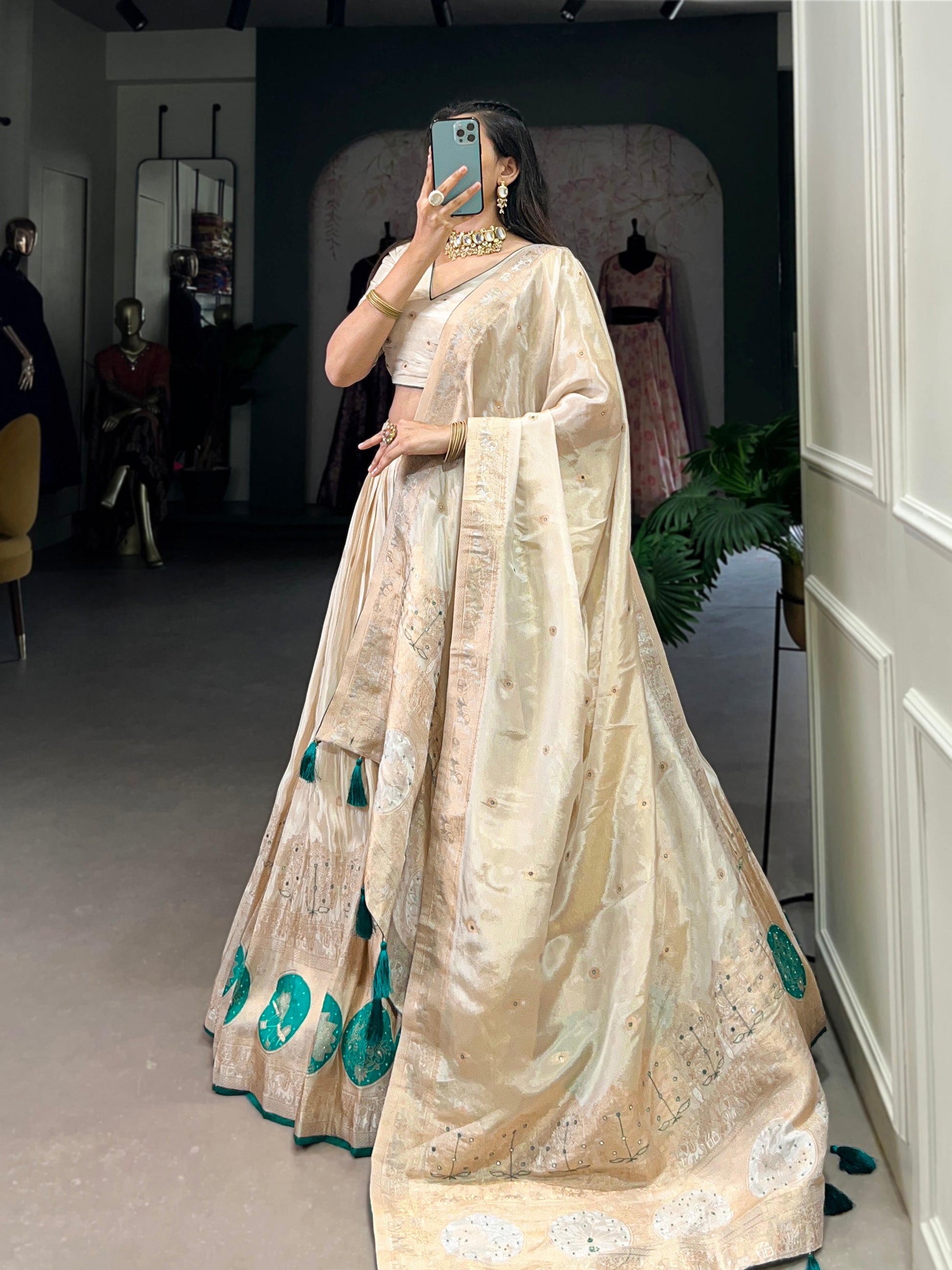Lorenvalley Off White Pure Shimmer With Weaving Work with Mirror And Beads (Moti) Hand Work Lehenga Choli | Swadesiicart