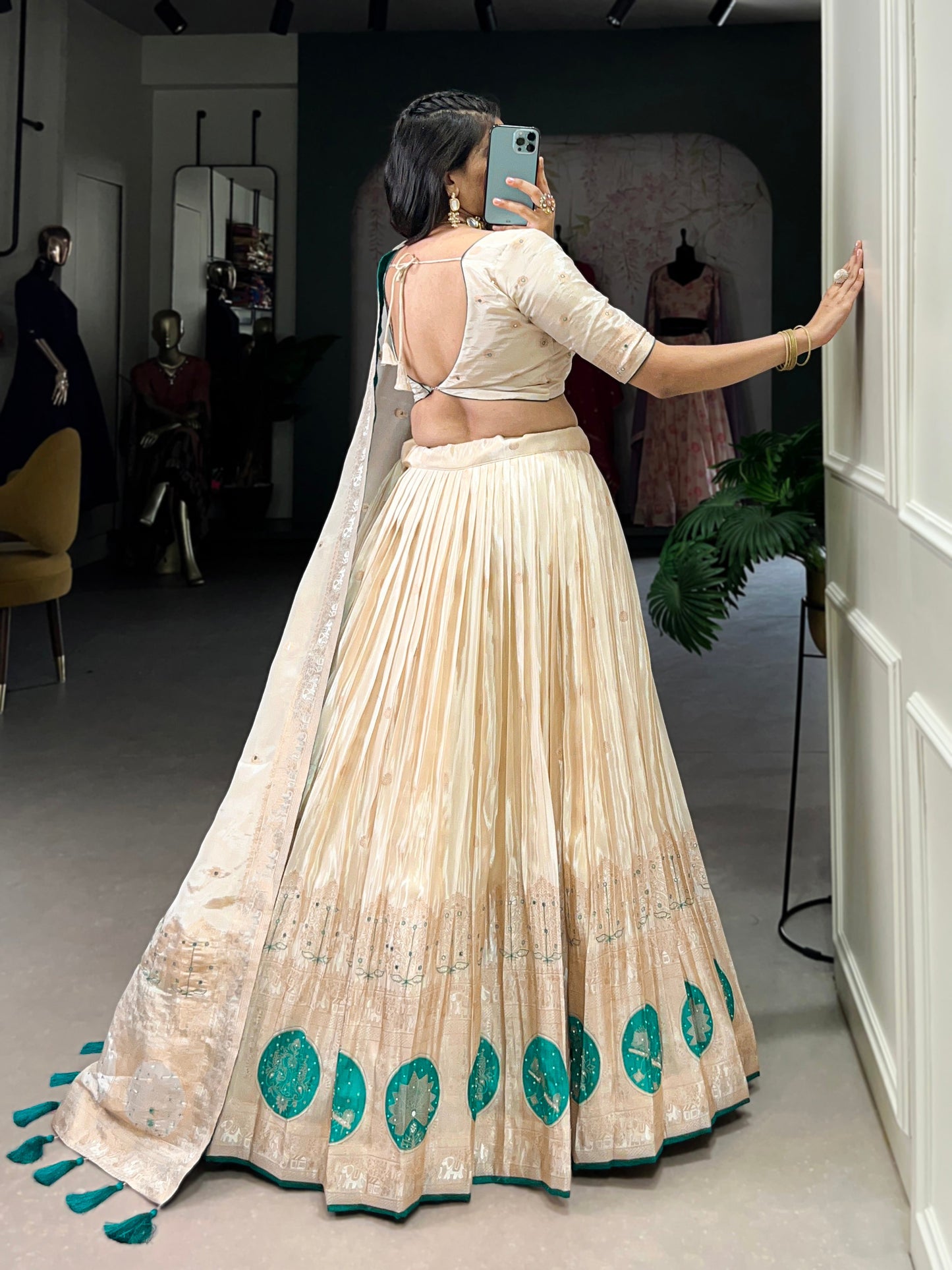 Lorenvalley Off White Pure Shimmer With Weaving Work with Mirror And Beads (Moti) Hand Work Lehenga Choli | Swadesiicart