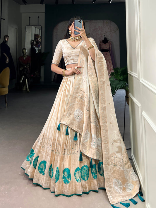 Lorenvalley Off White Pure Shimmer With Weaving Work with Mirror And Beads (Moti) Hand Work Lehenga Choli | Swadesiicart