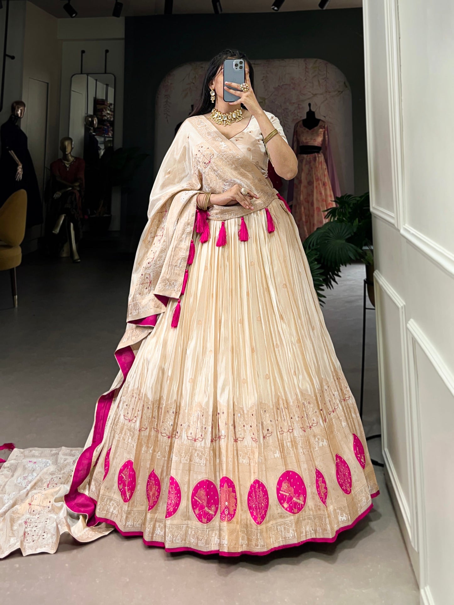 Lorenvalley Off White Pure Shimmer With Weaving Work with Mirror And Beads (Moti) Hand Work Lehenga Choli | Swadesiicart