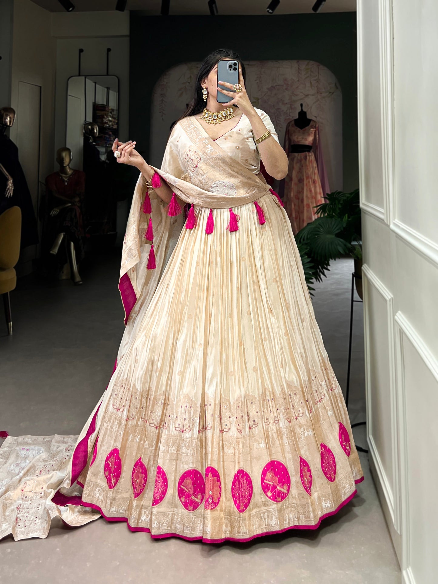 Lorenvalley Off White Pure Shimmer With Weaving Work with Mirror And Beads (Moti) Hand Work Lehenga Choli | Swadesiicart