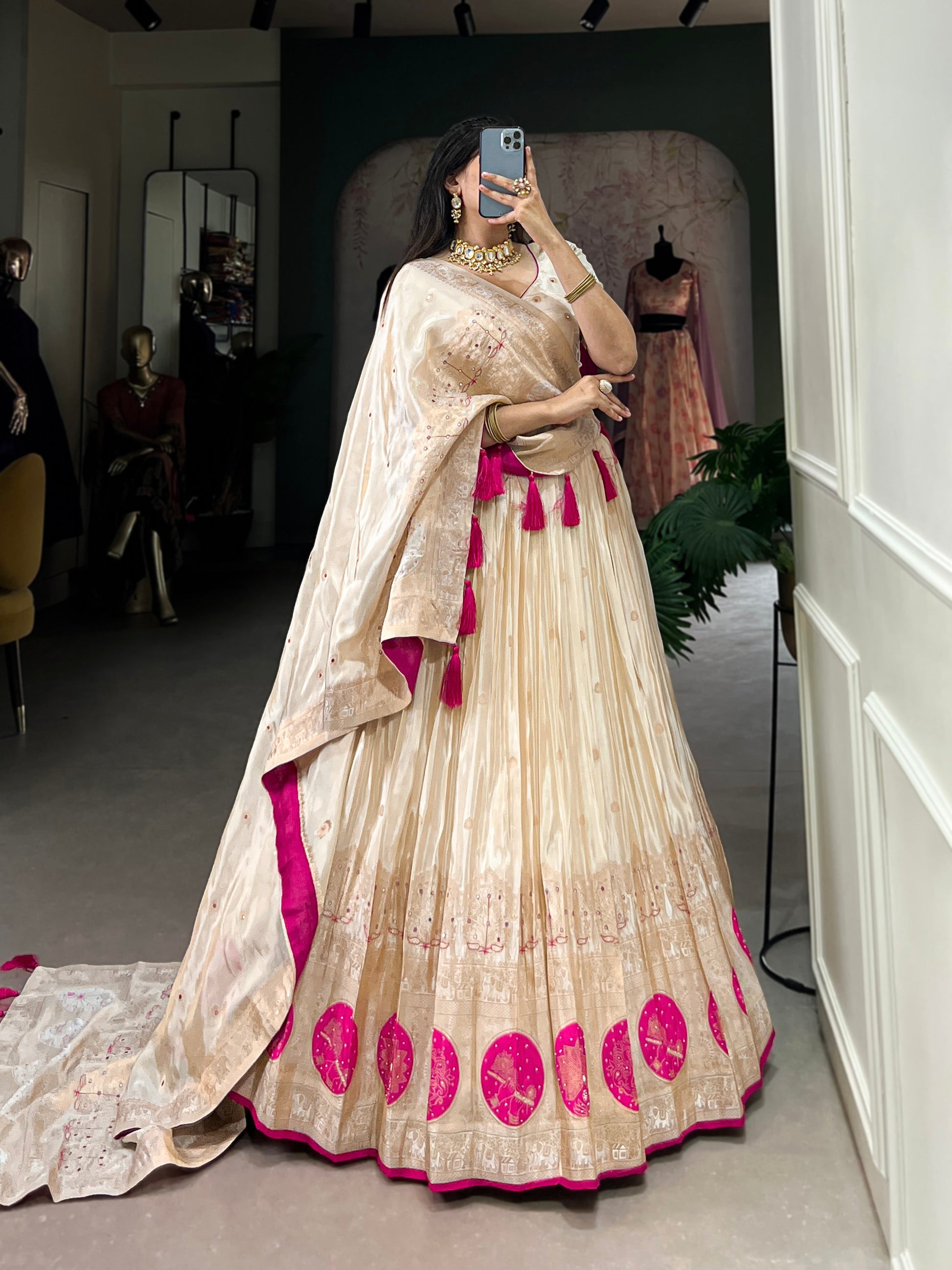 Lorenvalley Off White Pure Shimmer With Weaving Work with Mirror And Beads (Moti) Hand Work Lehenga Choli | Swadesiicart