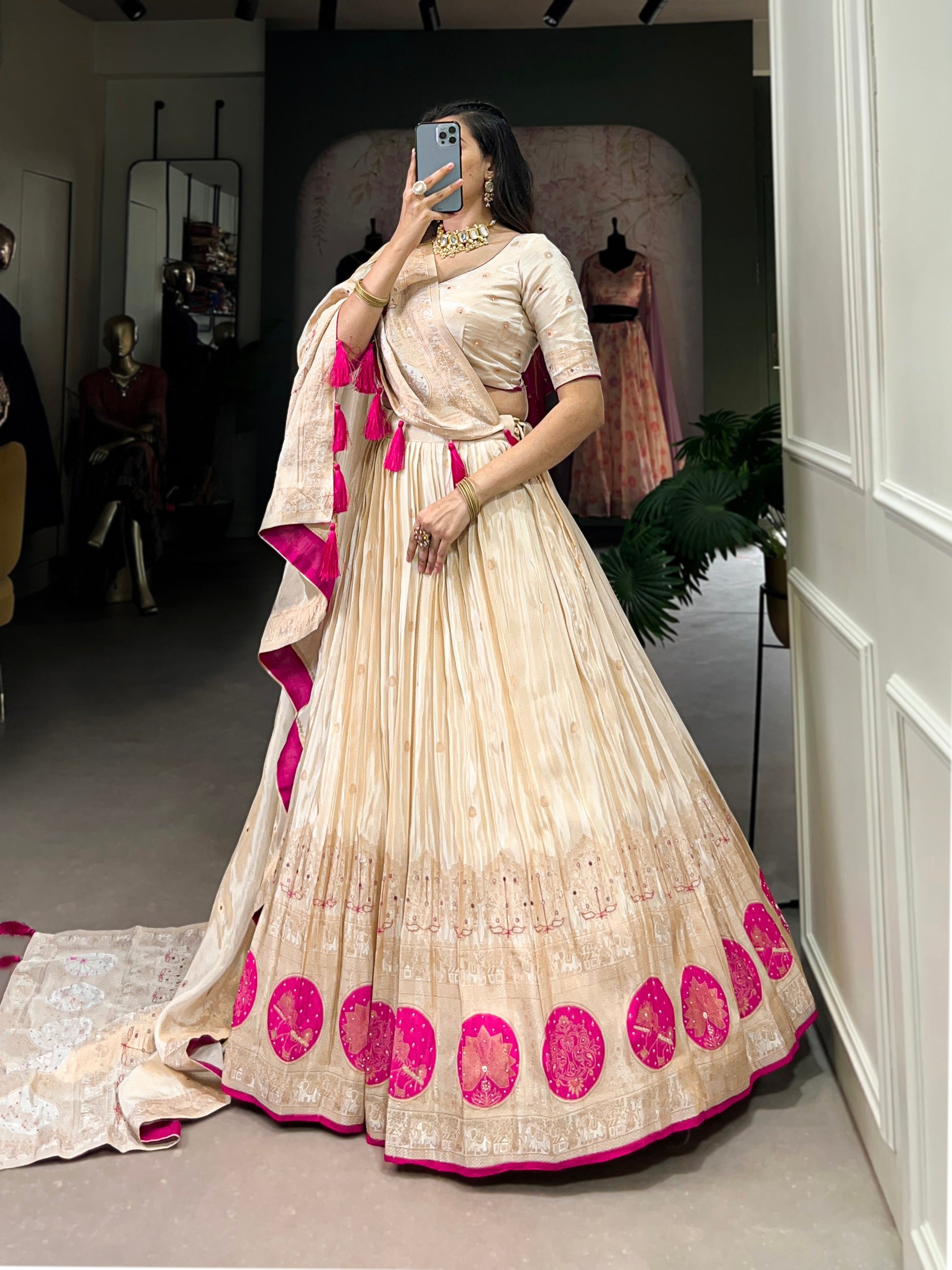 Lorenvalley Off White Pure Shimmer With Weaving Work with Mirror And Beads (Moti) Hand Work Lehenga Choli | Swadesiicart