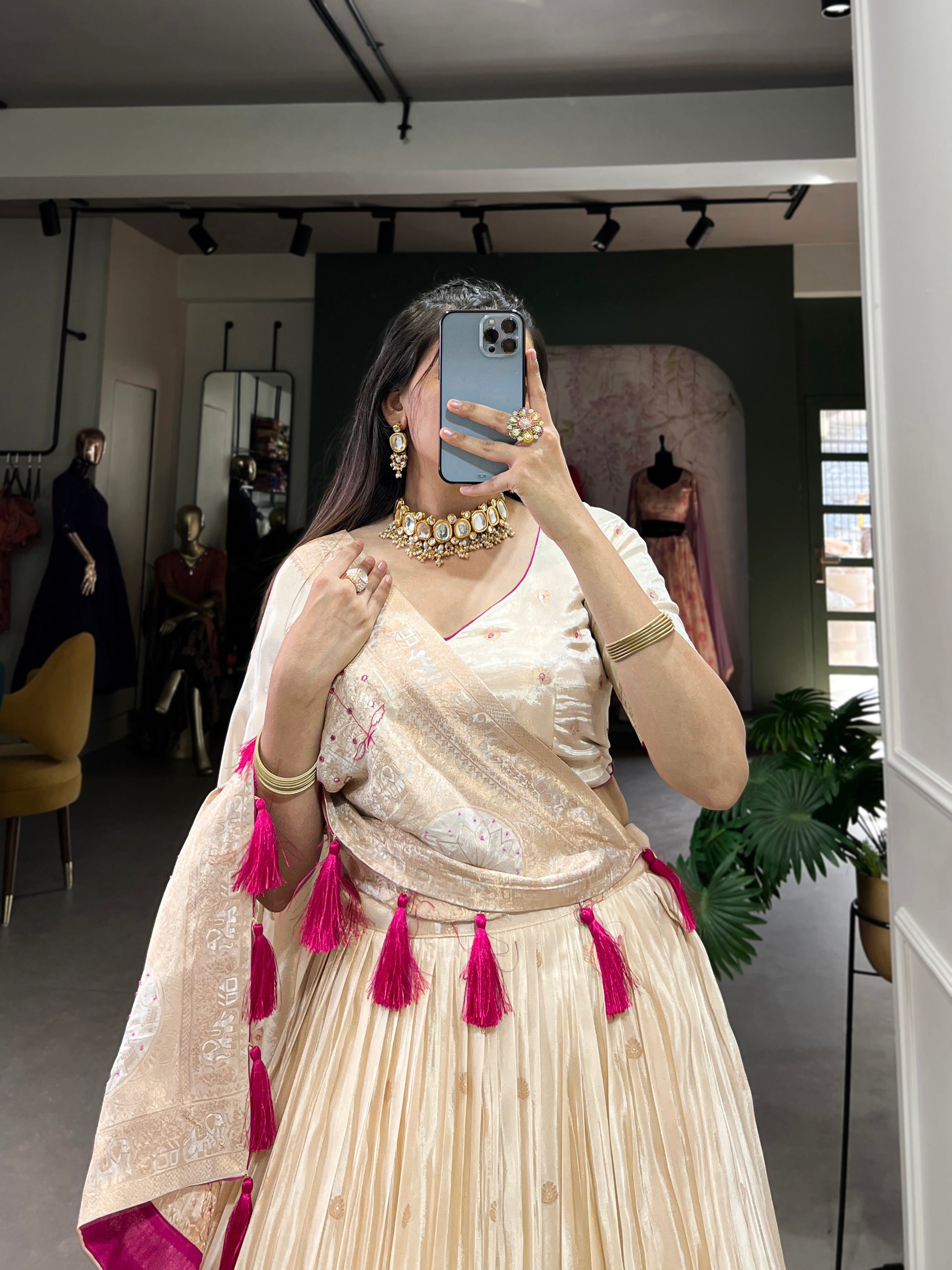 Lorenvalley Off White Pure Shimmer With Weaving Work with Mirror And Beads (Moti) Hand Work Lehenga Choli | Swadesiicart
