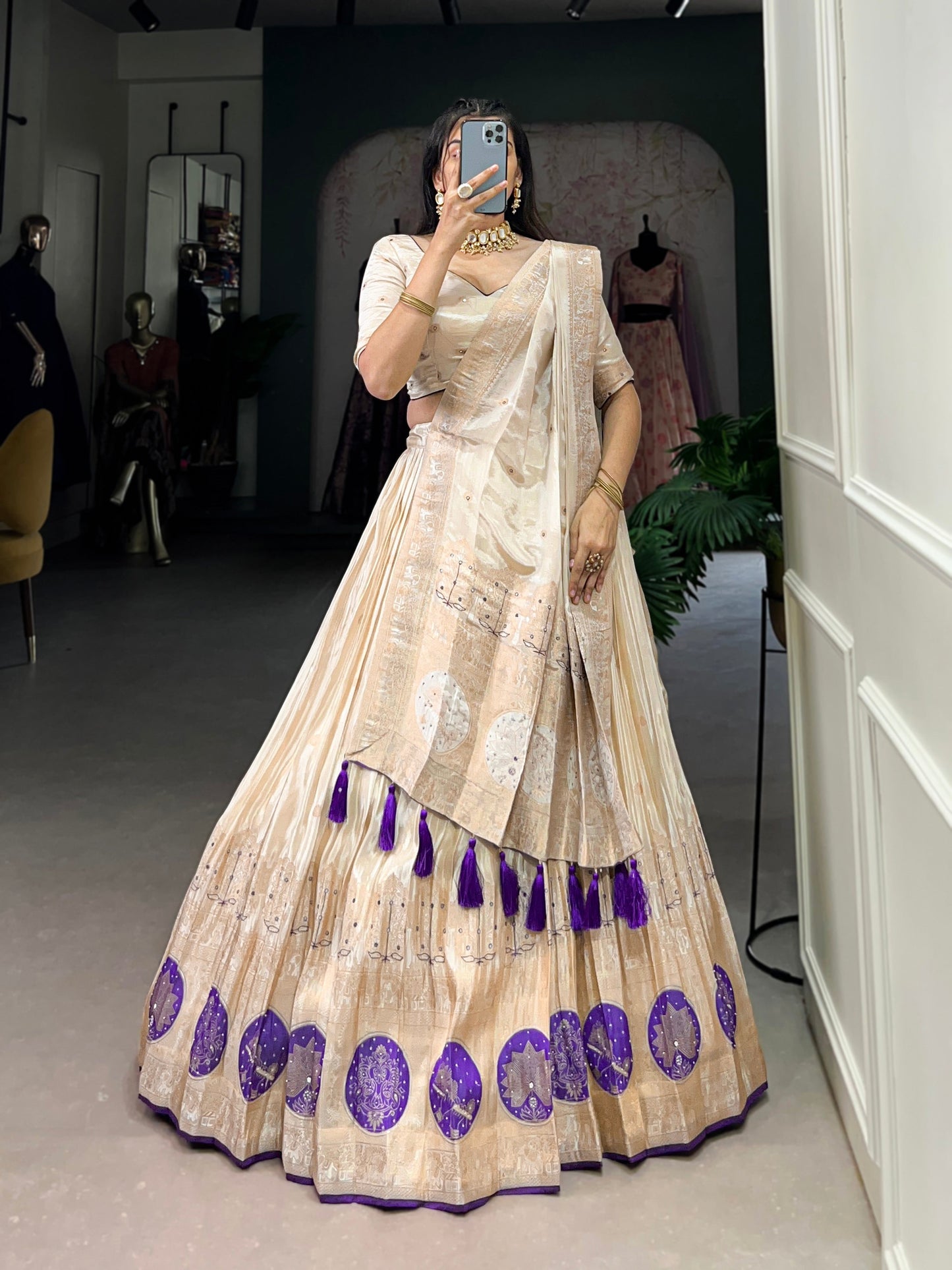 Lorenvalley Off White Pure Shimmer With Weaving Work with Mirror And Beads (Moti) Hand Work Lehenga Choli | Swadesiicart