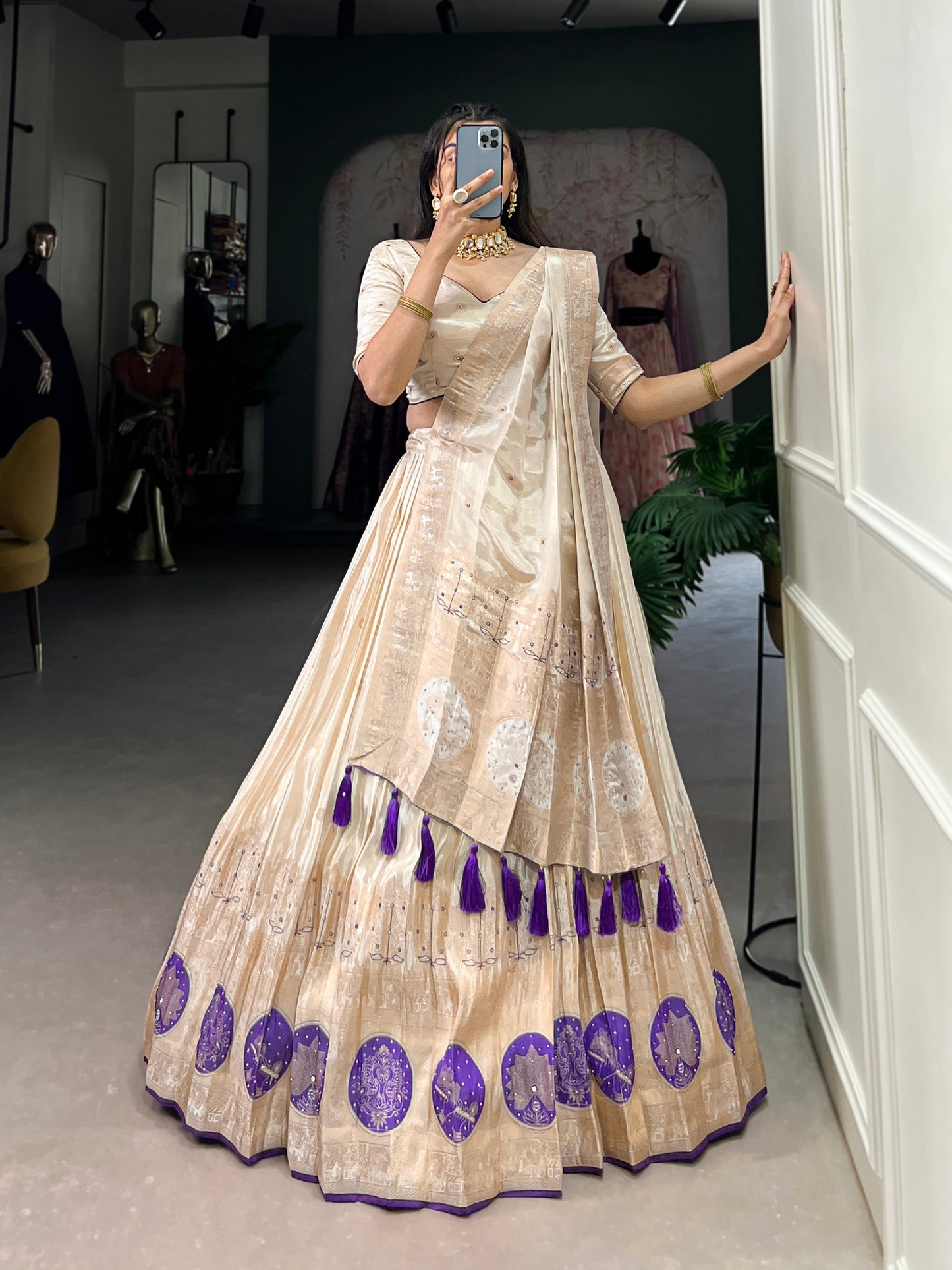 Lorenvalley Off White Pure Shimmer With Weaving Work with Mirror And Beads (Moti) Hand Work Lehenga Choli | Swadesiicart
