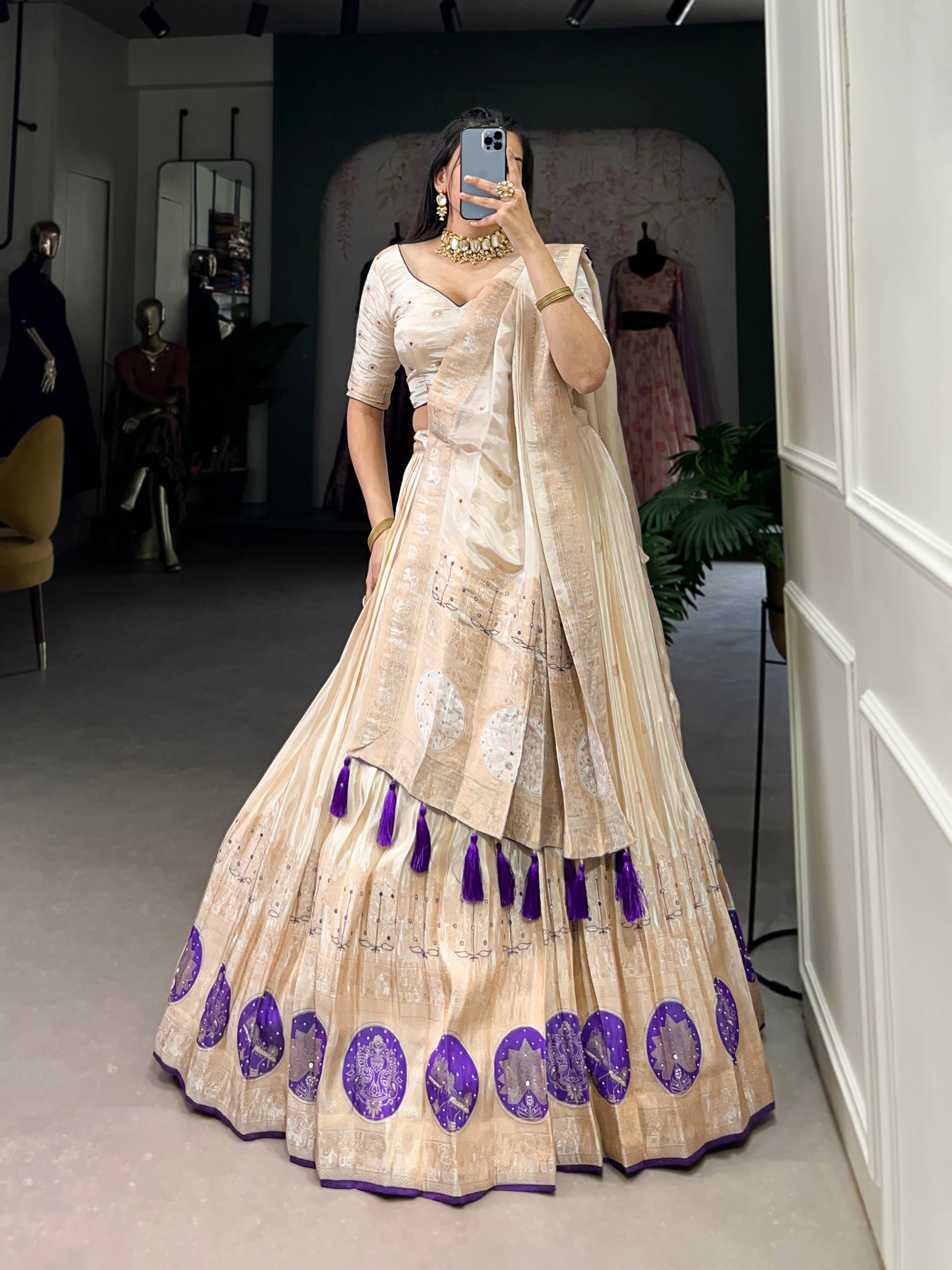 Lorenvalley Off White Pure Shimmer With Weaving Work with Mirror And Beads (Moti) Hand Work Lehenga Choli | Swadesiicart
