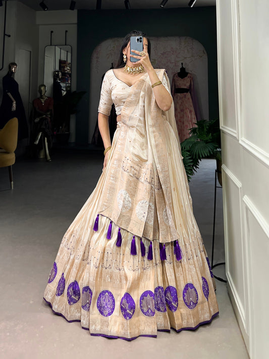 Lorenvalley Off White Pure Shimmer With Weaving Work with Mirror And Beads (Moti) Hand Work Lehenga Choli | Swadesiicart