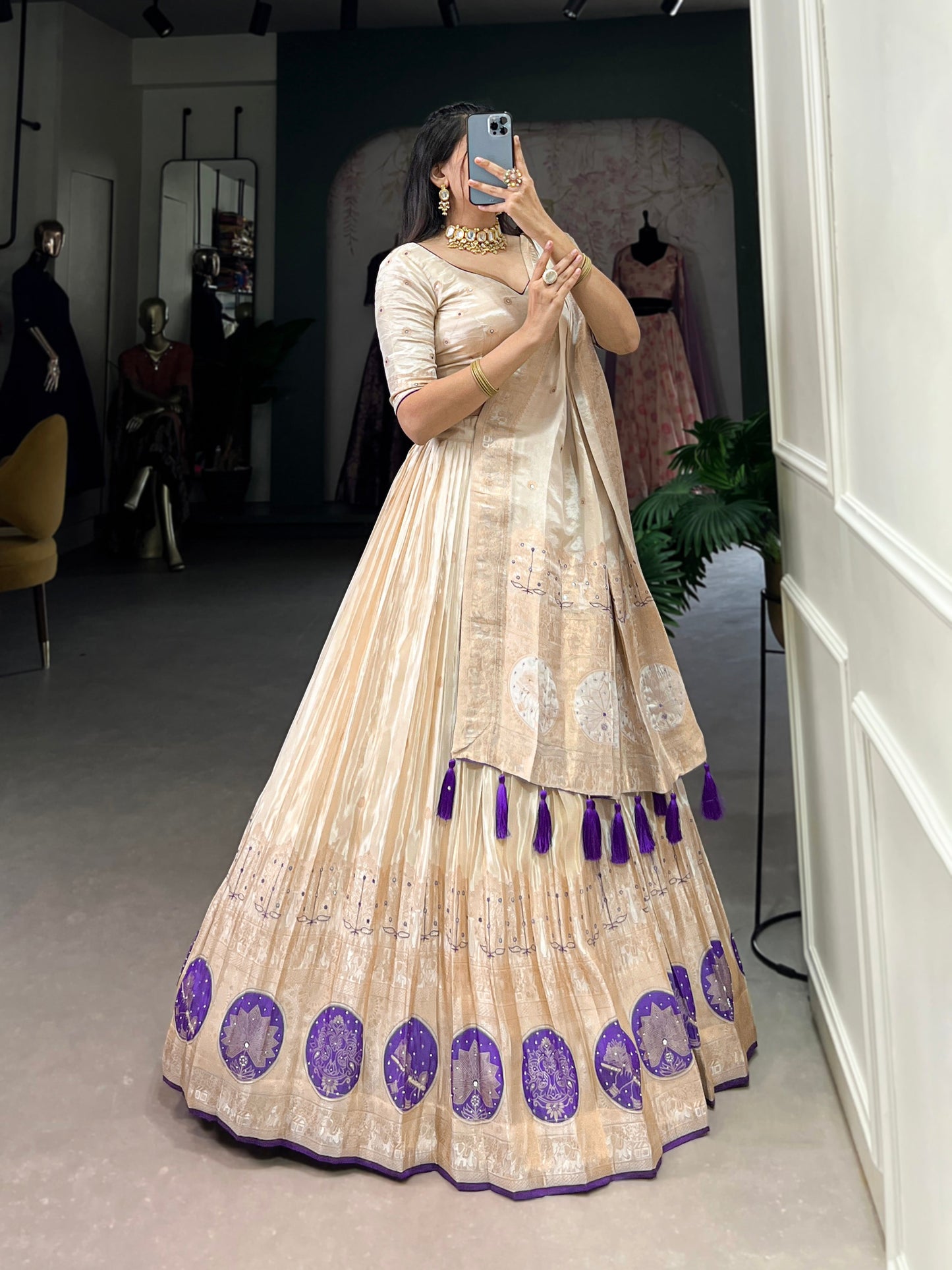 Lorenvalley Off White Pure Shimmer With Weaving Work with Mirror And Beads (Moti) Hand Work Lehenga Choli | Swadesiicart