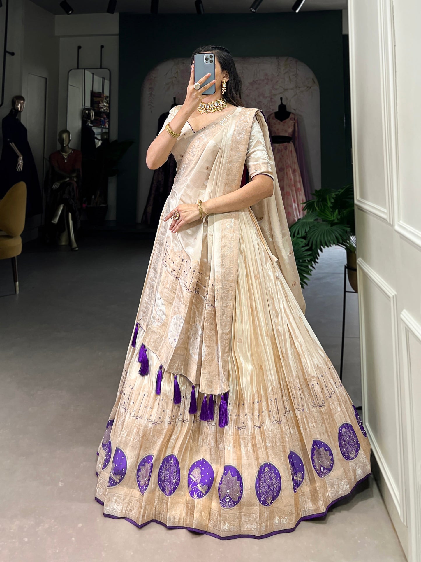 Lorenvalley Off White Pure Shimmer With Weaving Work with Mirror And Beads (Moti) Hand Work Lehenga Choli | Swadesiicart