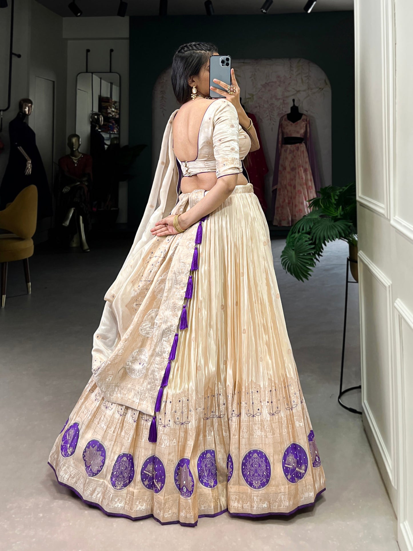 Lorenvalley Off White Pure Shimmer With Weaving Work with Mirror And Beads (Moti) Hand Work Lehenga Choli | Swadesiicart
