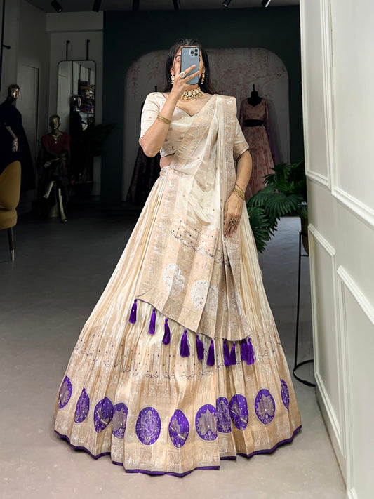 Lorenvalley Off White Pure Shimmer With Weaving Work with Mirror And Beads (Moti) Hand Work Lehenga Choli | Swadesiicart