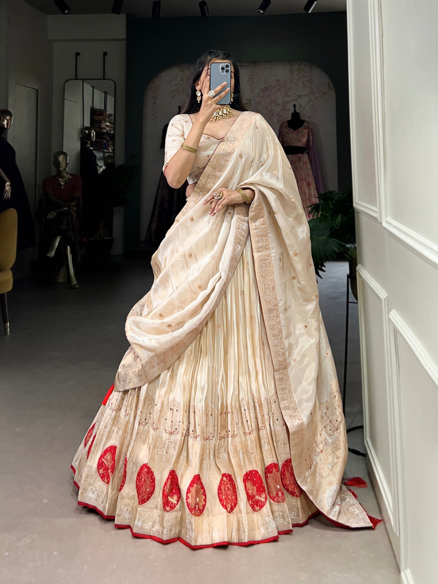 Lorenvalley Off White Pure Shimmer With Weaving Work with Mirror And Beads (Moti) Hand Work Lehenga Choli | Swadesiicart