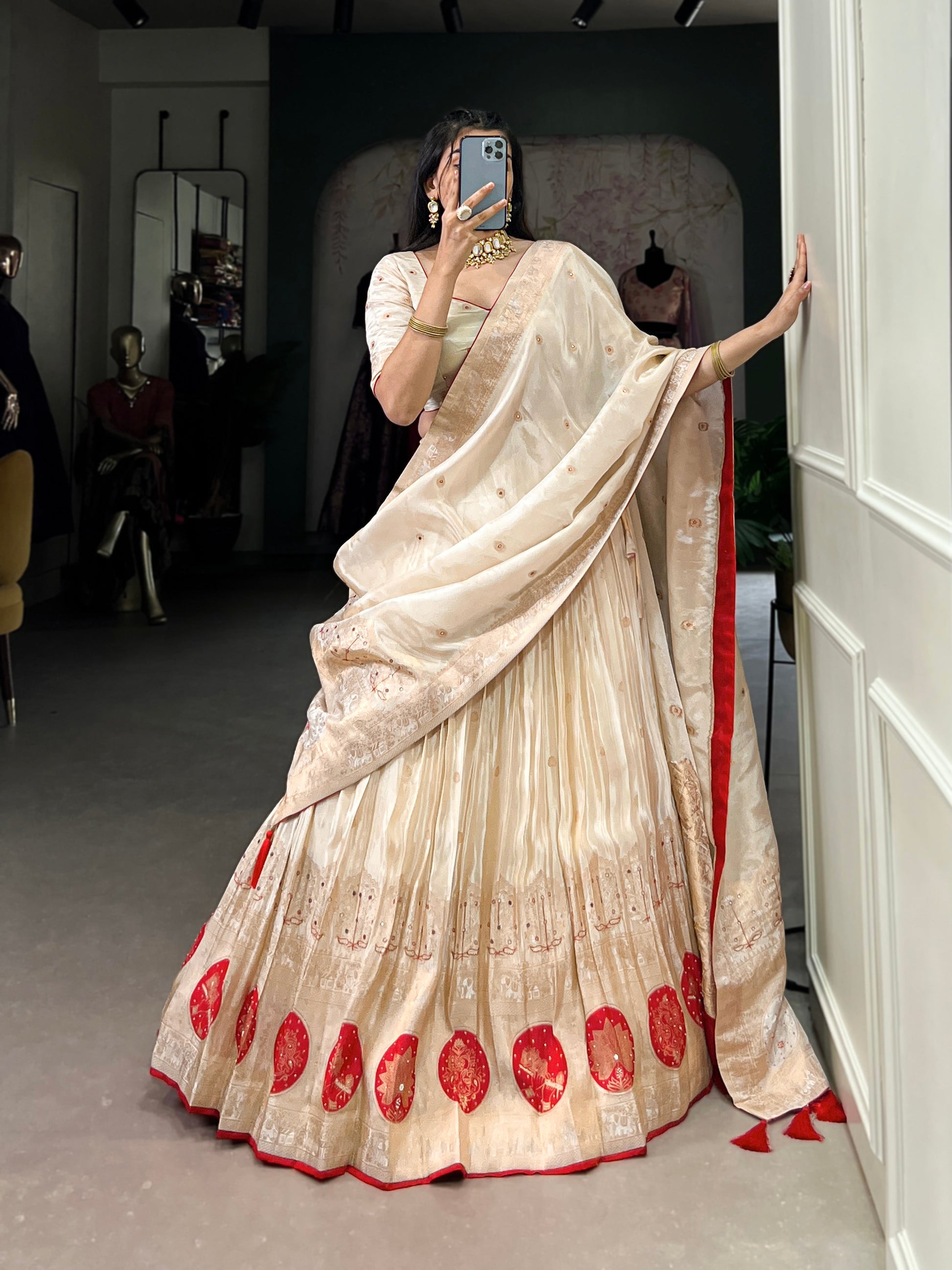 Lorenvalley Off White Pure Shimmer With Weaving Work with Mirror And Beads (Moti) Hand Work Lehenga Choli | Swadesiicart