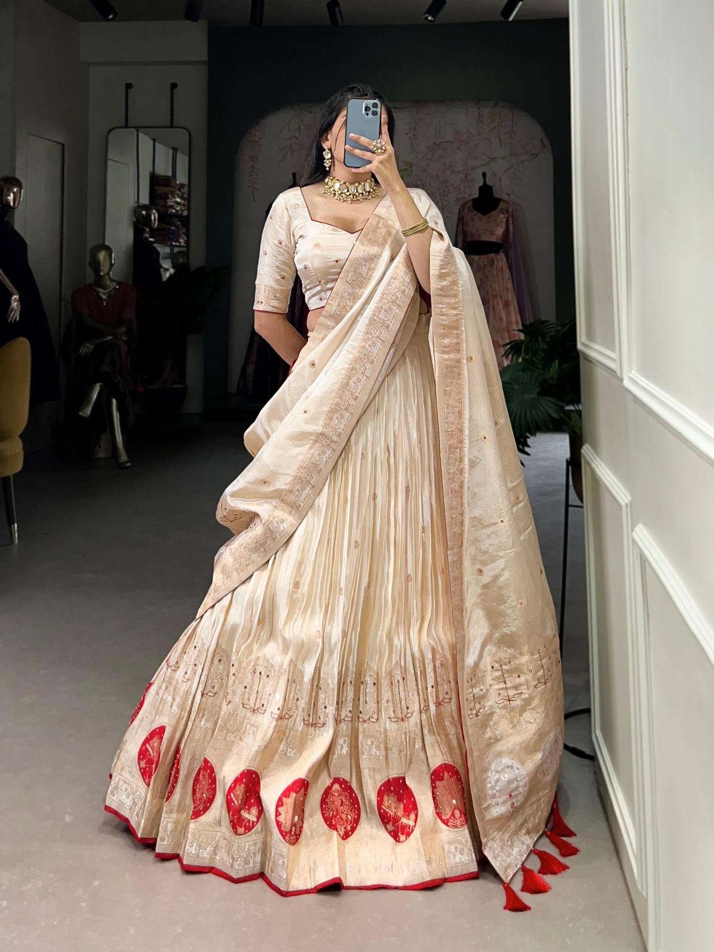 Lorenvalley Off White Pure Shimmer With Weaving Work with Mirror And Beads (Moti) Hand Work Lehenga Choli | Swadesiicart