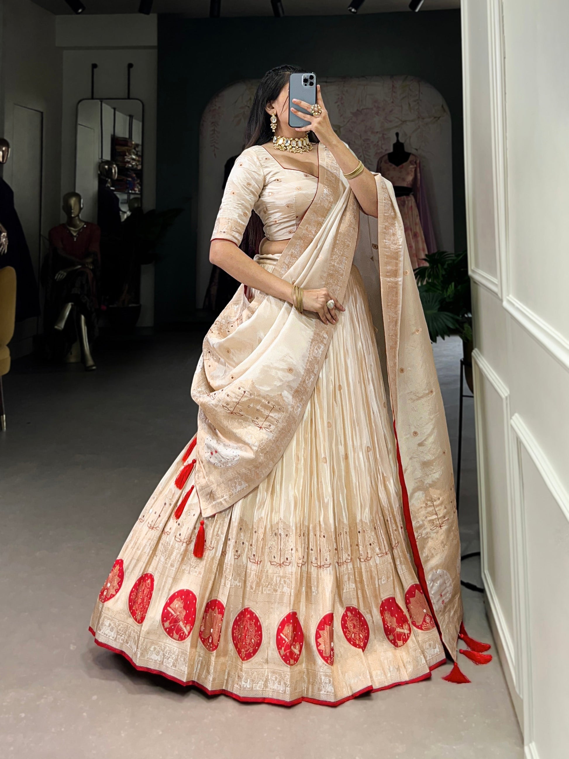 Lorenvalley Off White Pure Shimmer With Weaving Work with Mirror And Beads (Moti) Hand Work Lehenga Choli | Swadesiicart