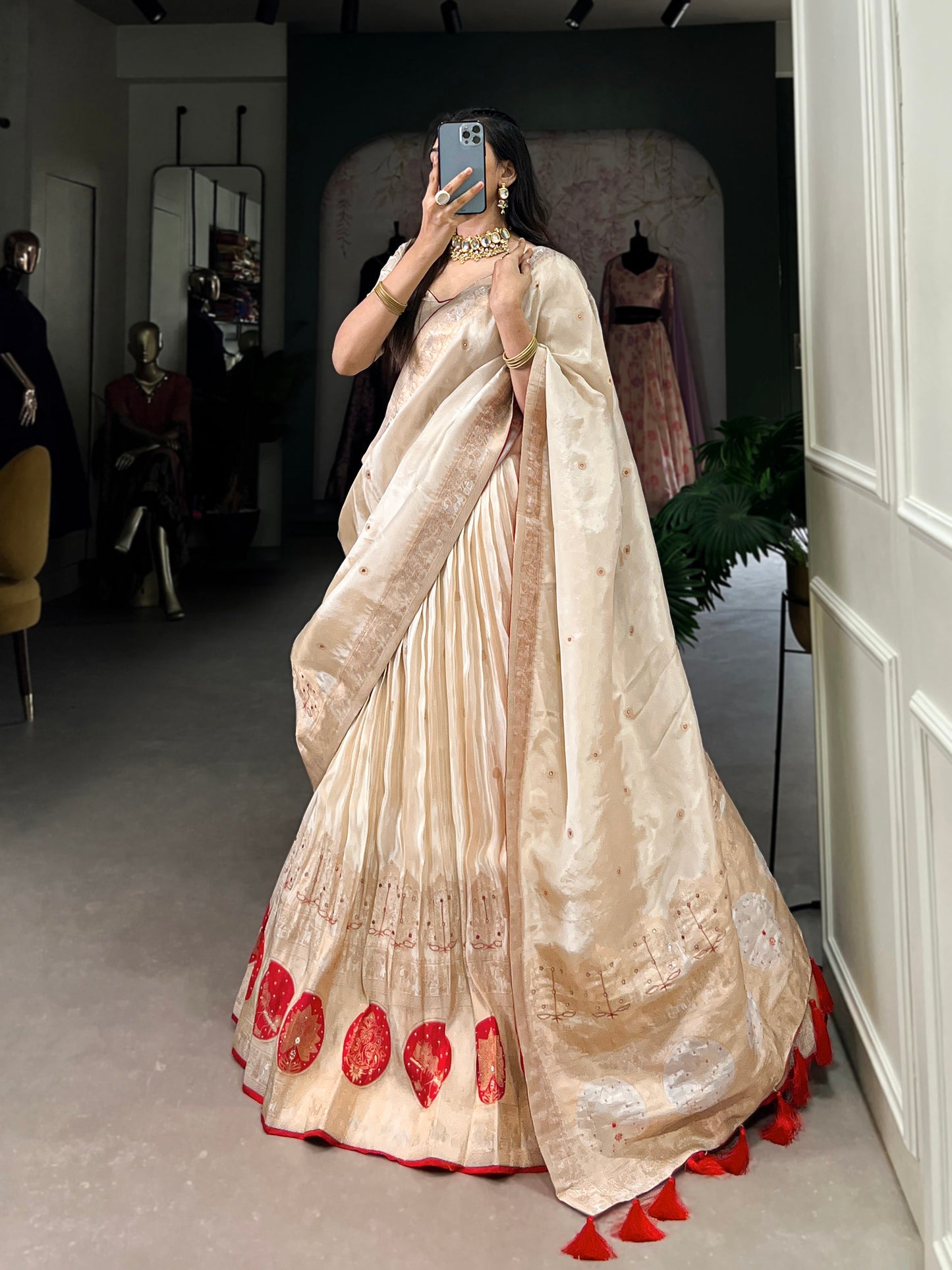 Lorenvalley Off White Pure Shimmer With Weaving Work with Mirror And Beads (Moti) Hand Work Lehenga Choli | Swadesiicart