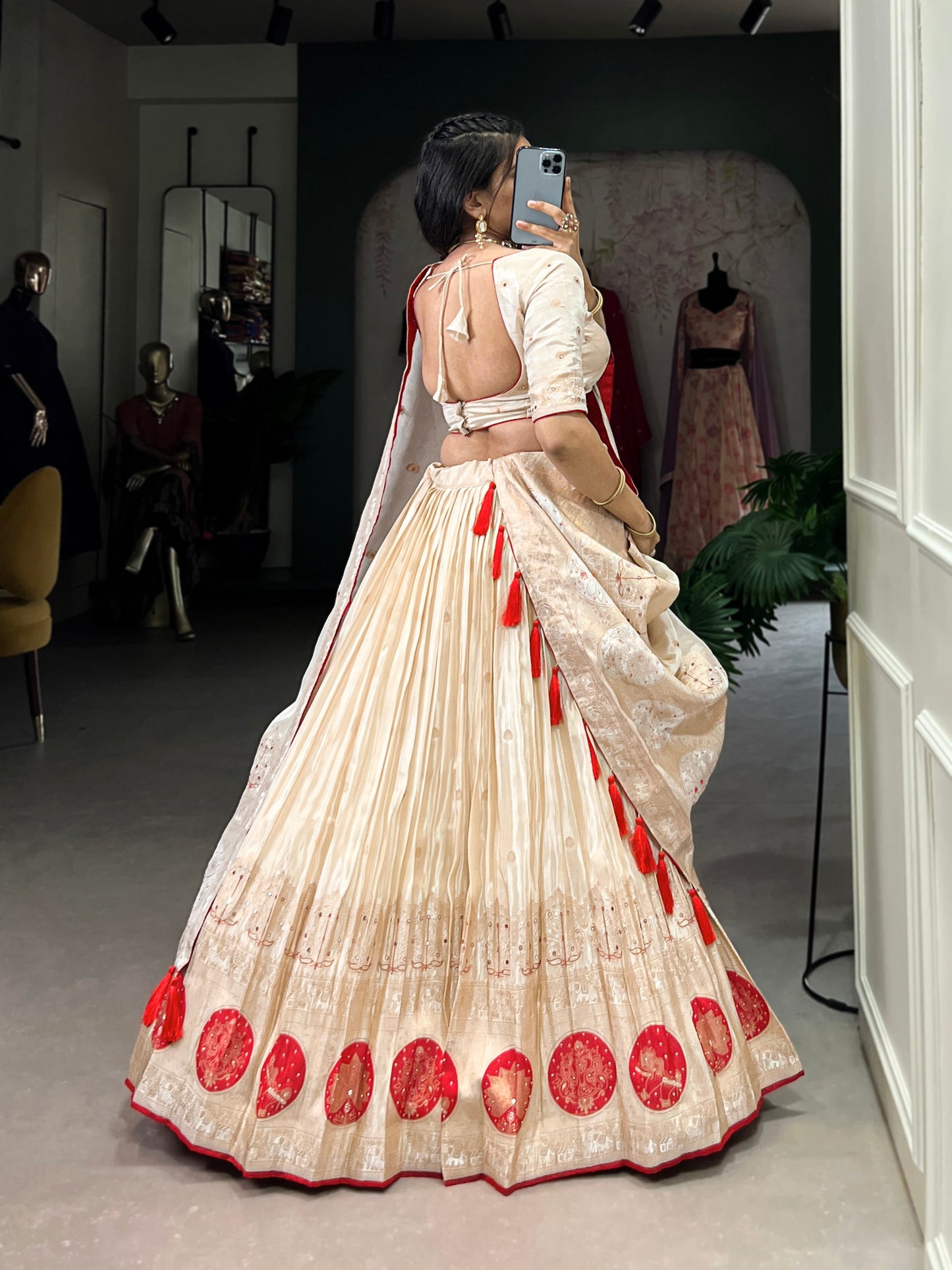 Lorenvalley Off White Pure Shimmer With Weaving Work with Mirror And Beads (Moti) Hand Work Lehenga Choli | Swadesiicart