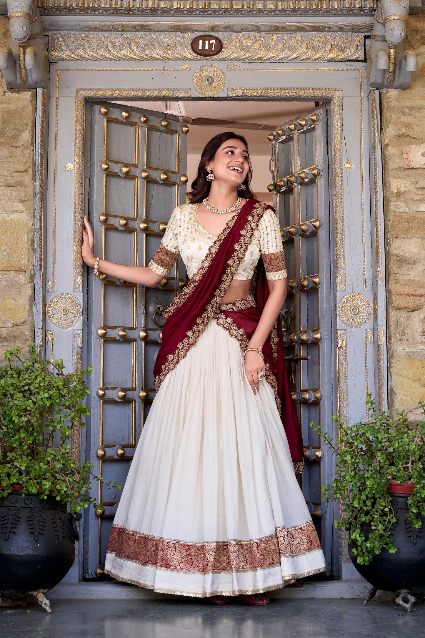 Lorenvalley Off White Vichitra Silk Zari Weaving Work Lace Border Belt with Sequins Lace Touch Up Lehenga Choli with Dupatta | Swadesiicart